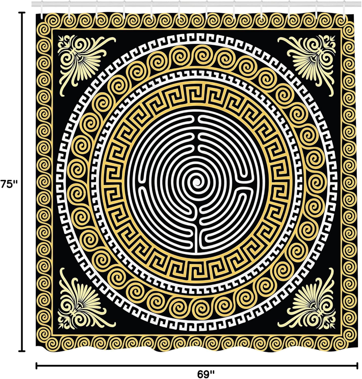 Ambesonne Greek Shower Curtain, Classical Pattern with Intricate Design Spiral Waves Frame and Maze, Cloth Fabric Bathroom Decor Set with Hooks, 69" W x 75" L, Pale Yellow White and Black