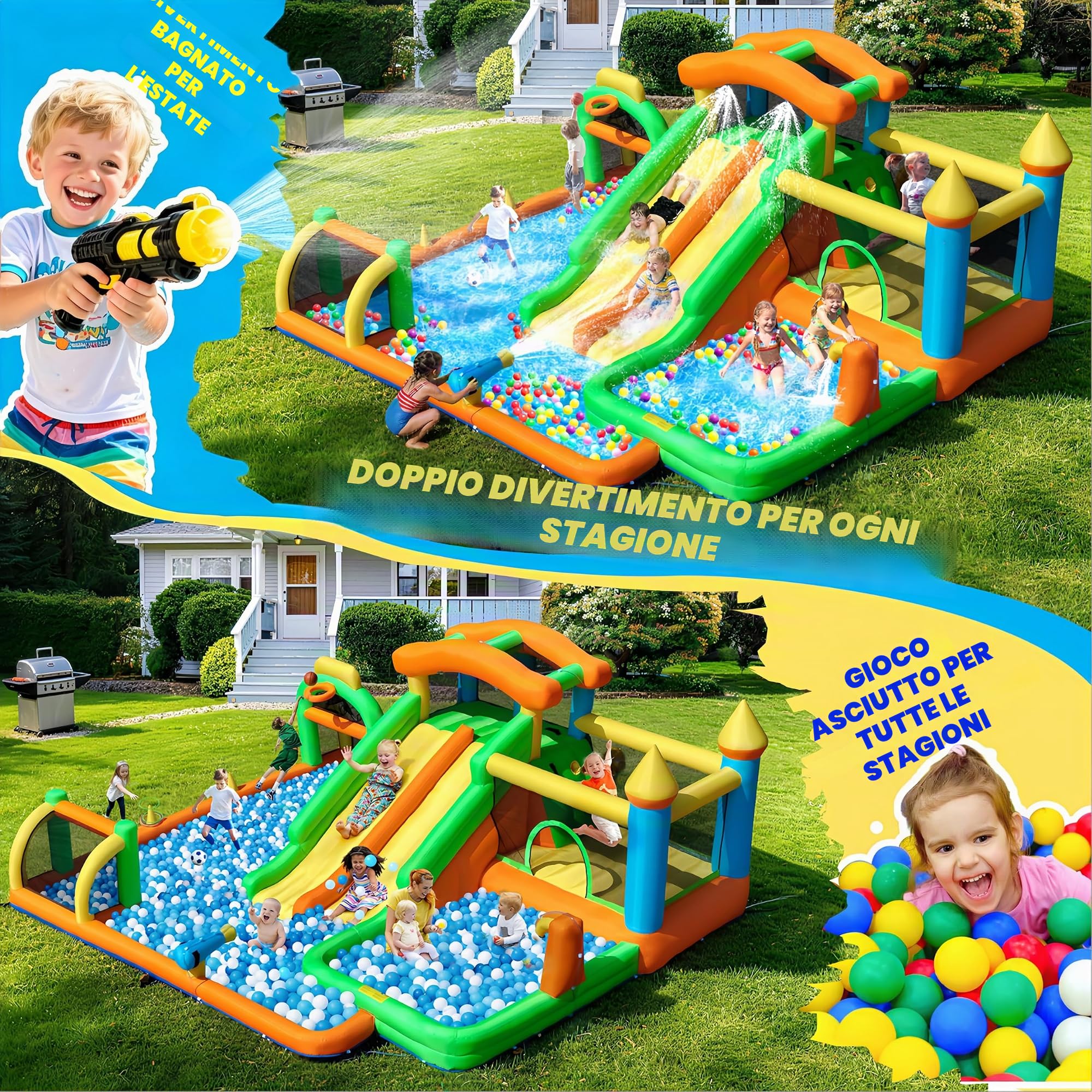 FOOING Grande scivolo acquatico gonfiabile con 2 scivoli e vasca da bagno per bambini – Area di gioco gonfiabile con due corridoi per feste in giardino e cortile, divertimento estivo all'aperto