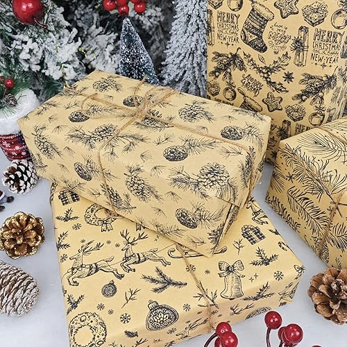 Miniatura 6 de LDGOOAEL Papel de regalo de Navidad, papel Kraft, diseños de bastones de caramelo, medias y estroboscópicos, 4 rollos de 30 pulgadas x 10 pies por