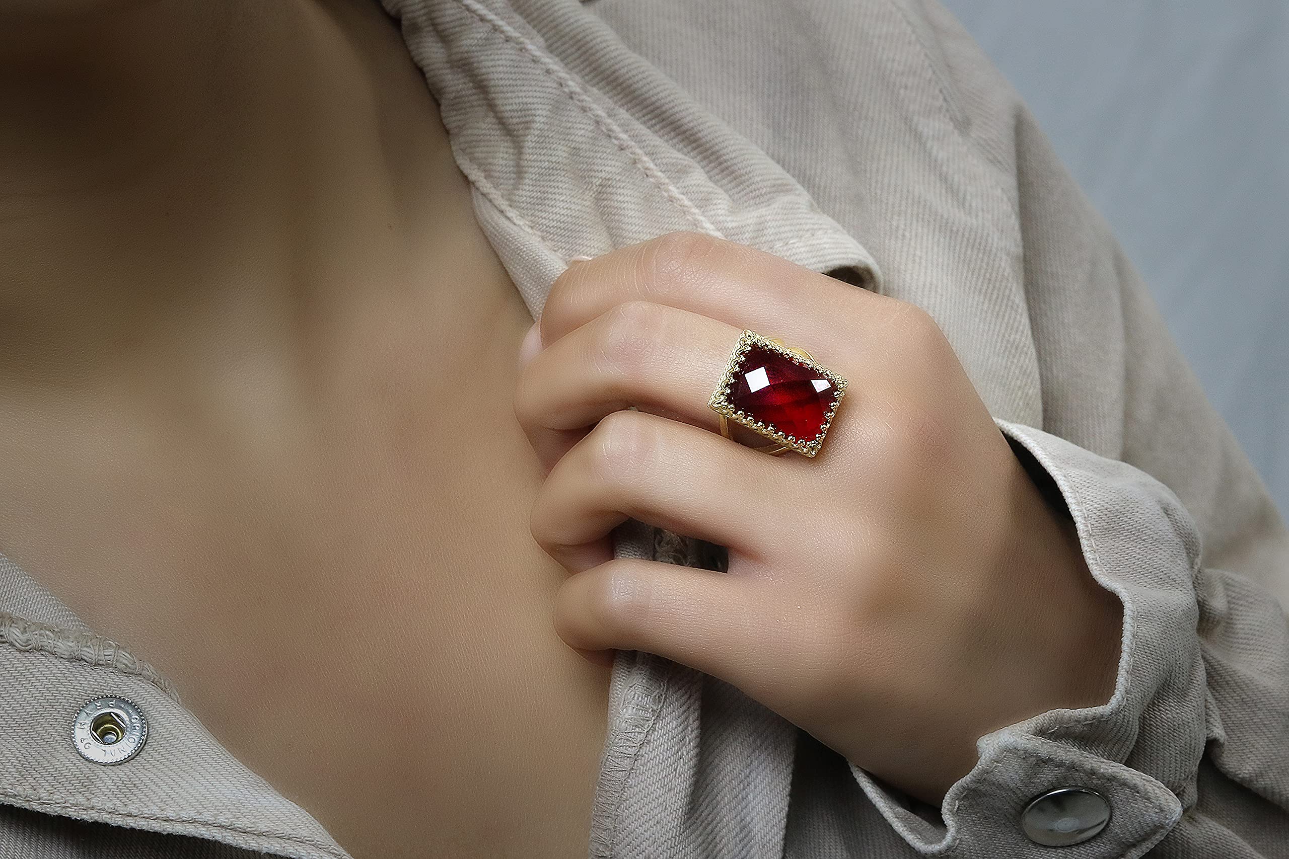 Anillo Rectangular de Granate en Plata de Ley - Anillo de Piedra Roja de Moda - Joyería para Boda, Fiesta, Compromiso, Regalo de Cumpleaños para Esposa, Hija, Hermana, Mamá