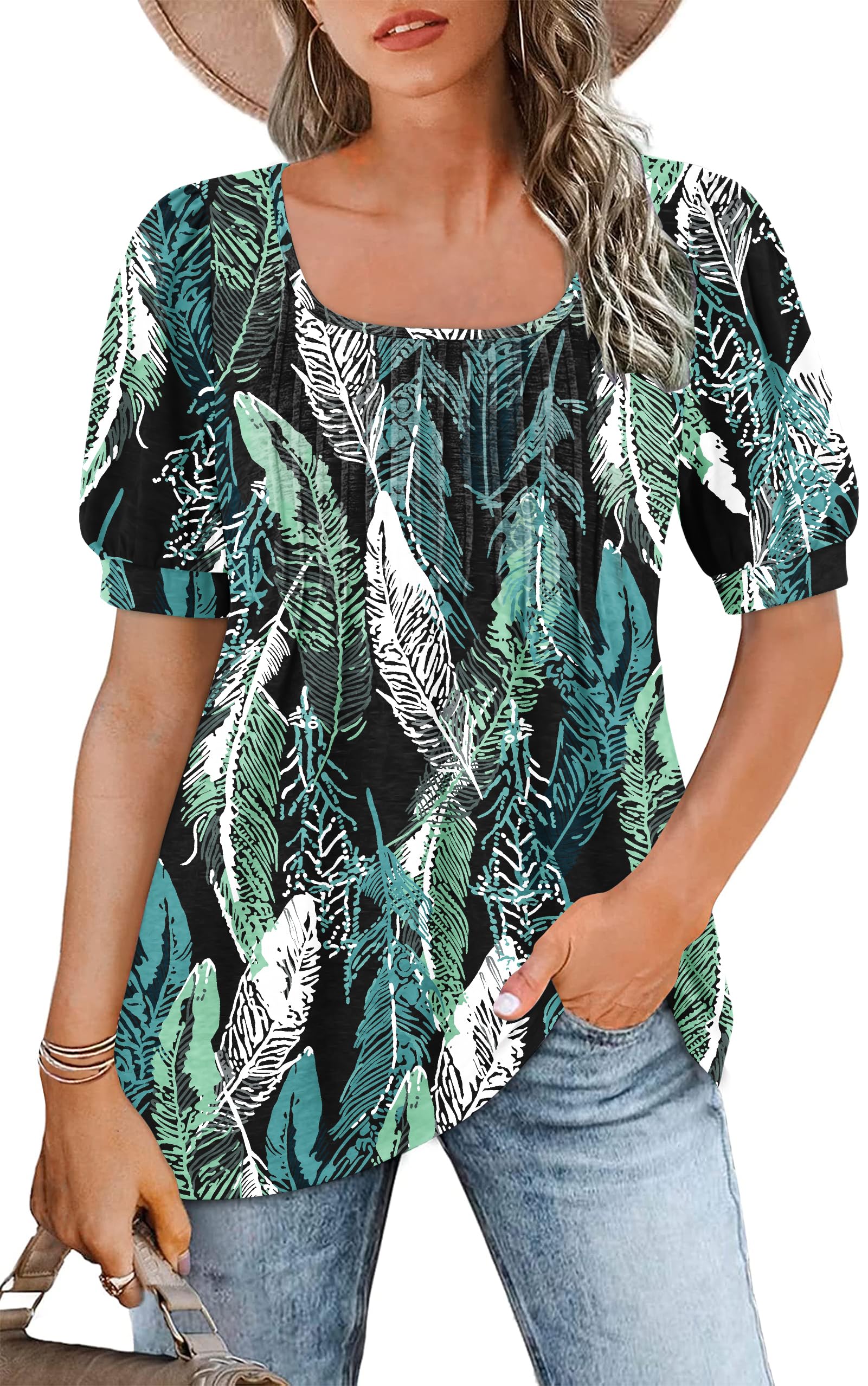 WNEEDU Tshirt Damen Sommer Bluse Kurzarm Quadratischem Ausschnitt Oberteile Damen Sommer Tunika T-Shirt Plissee Tops mit Puffärmel Lässige Flowy Elegant