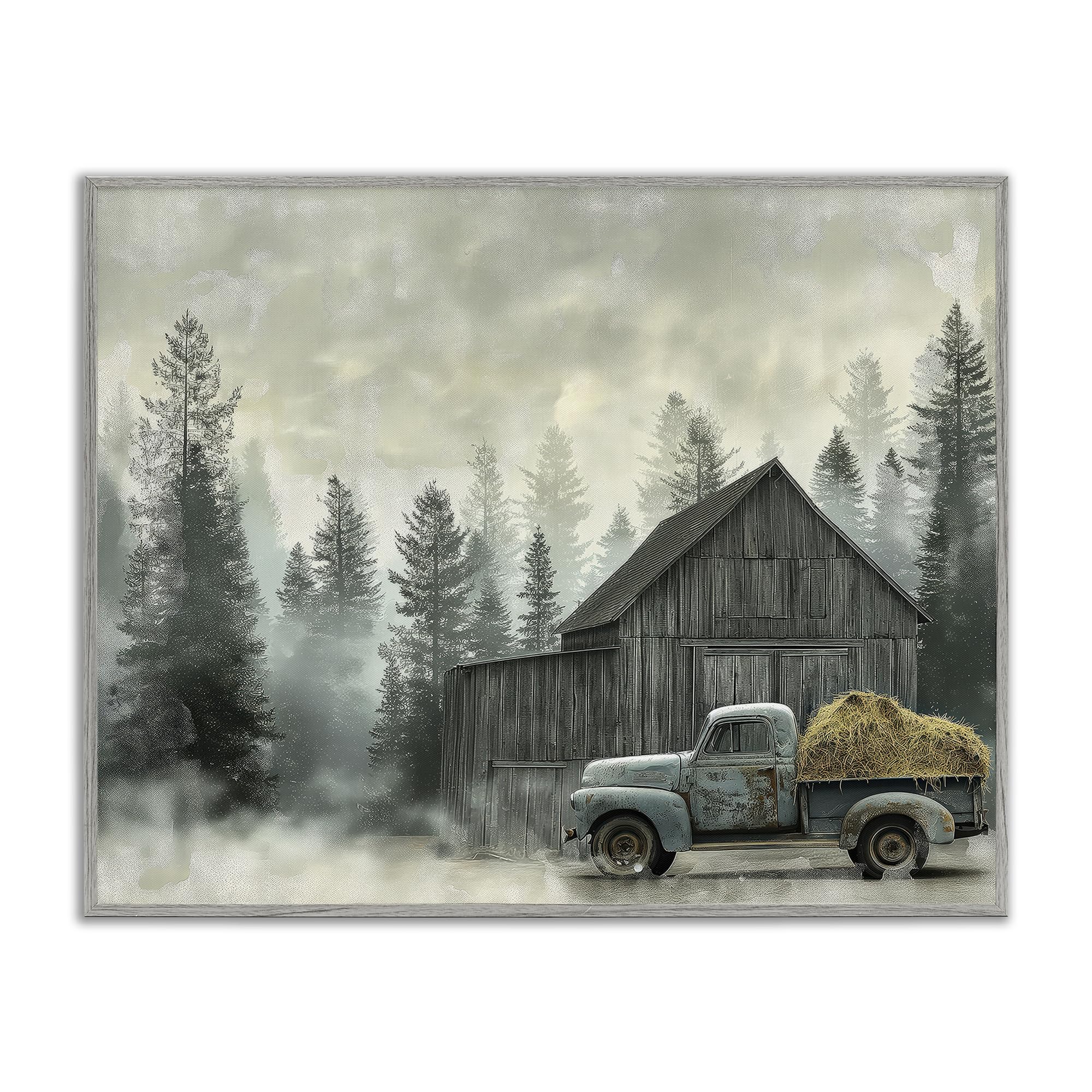 Stupell Industries Vintage Pickup at Misty Barn Wall Art for Living Room, Greyscale Farmhouse Truck and Barn Scene, 16 x 20 Inch Framed Giclée Print, by Imagine It Images, Made in USA Gift