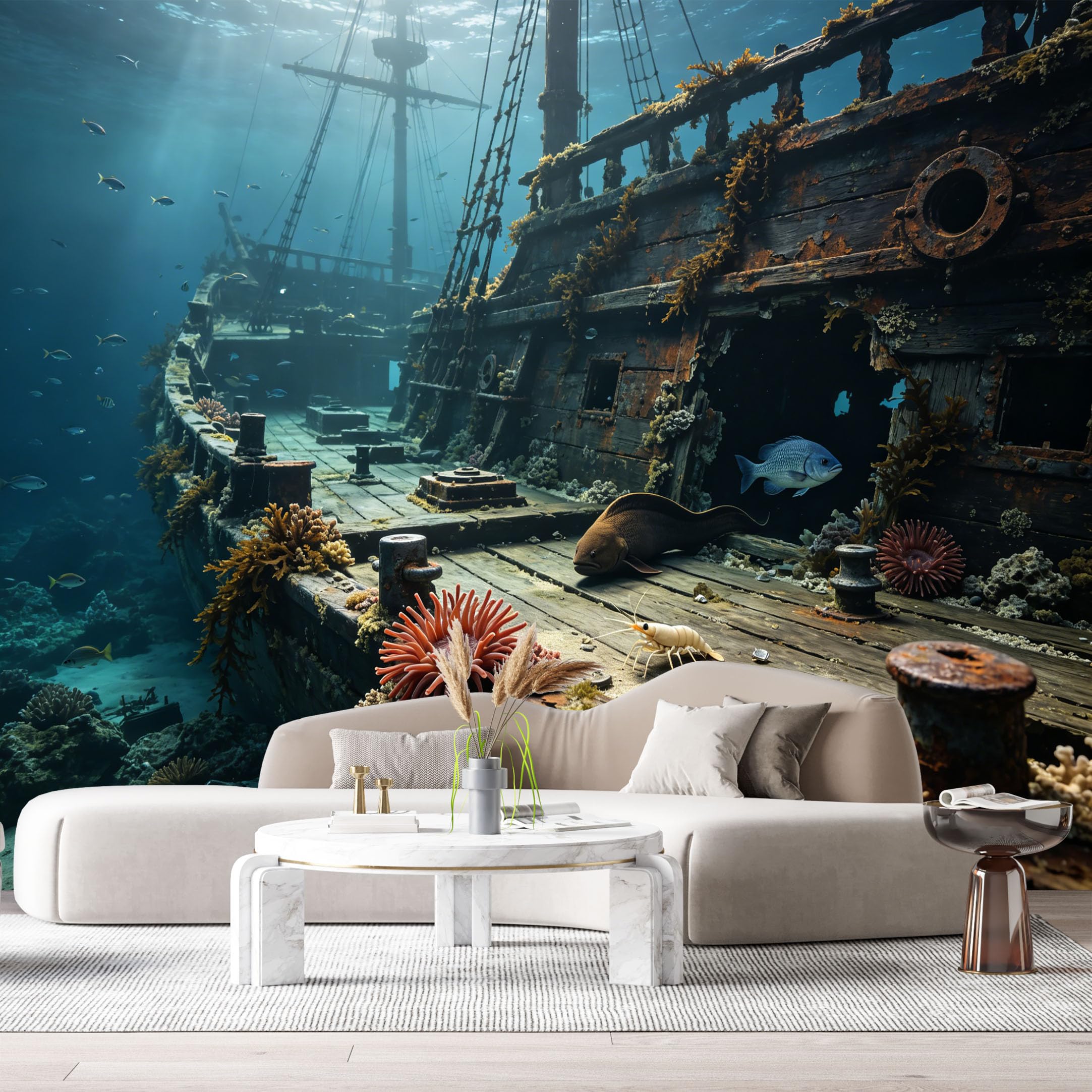 Custom Size Wall Murals Ocean Marine 3D Trompe L'Oeil Sunken Shipwreck Coral Reef SelfAdhesiveWall Fabric Removable Wallpaper Wall Decor for Living Room Bedroom Bathroom