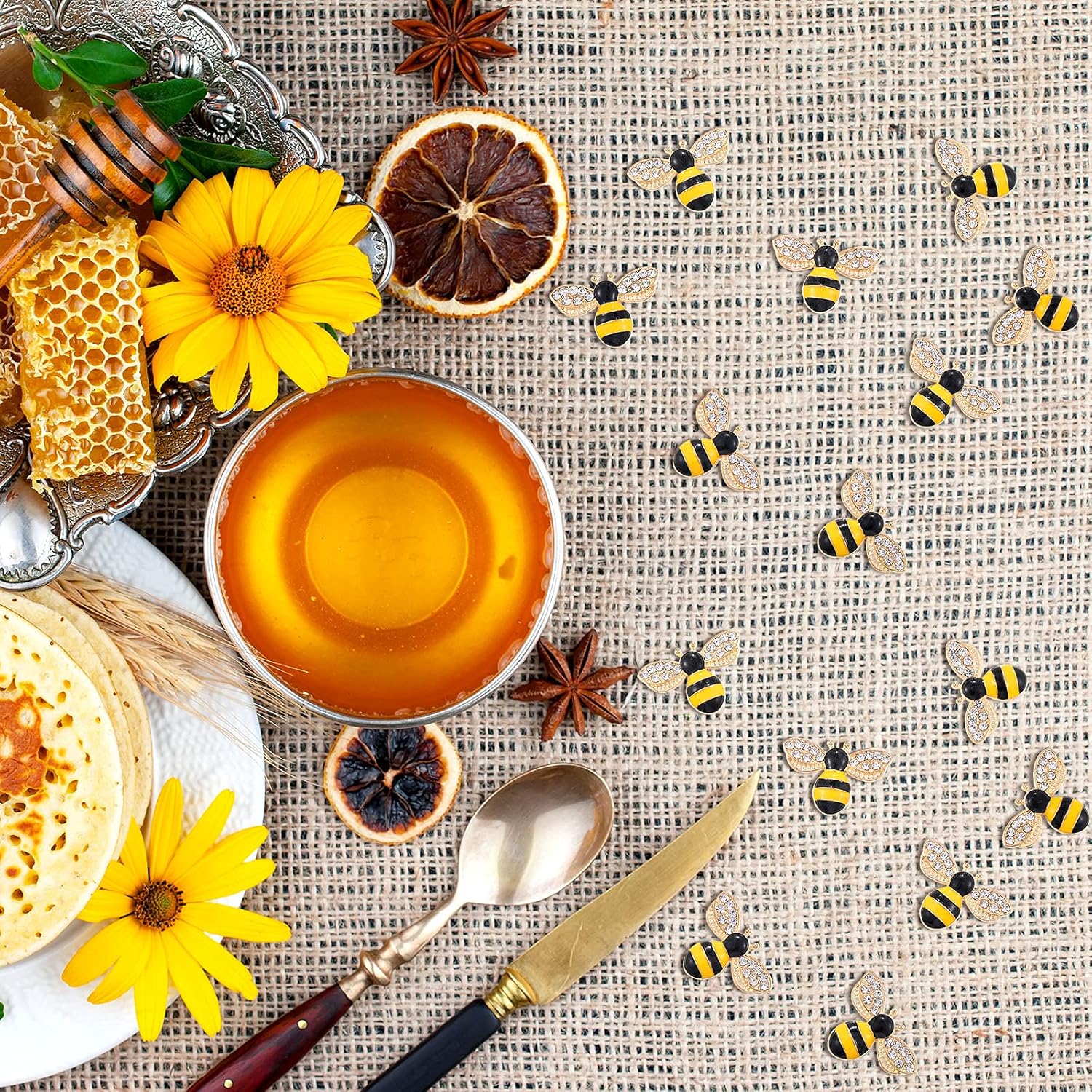 Hicarer 50 Pcs Bee Charms for Crafts, Bee Pendants, Enamel Alloy Honeybee Rhinestone Embellishments, Self Adhesive Painted Decorations for Jewelry Making Handmade DIY - Image 6