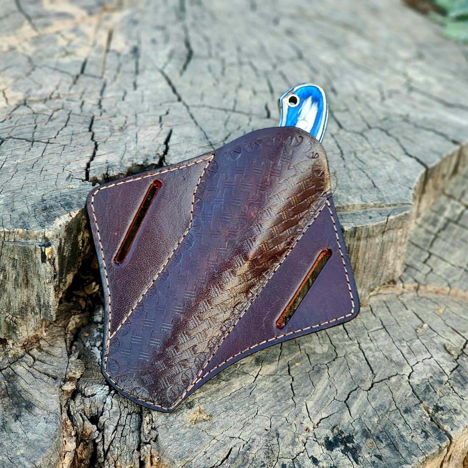 Wolf Cut Handmade 1095 Steel Bull cutter knife lineman hawkbill knife Outdoor Hunting knife, 7.5" inch EDC Fixed blade electrician Knife, Cowboy knife, Utility Knife With Classic Pancake leather Sheath (Blue wood)