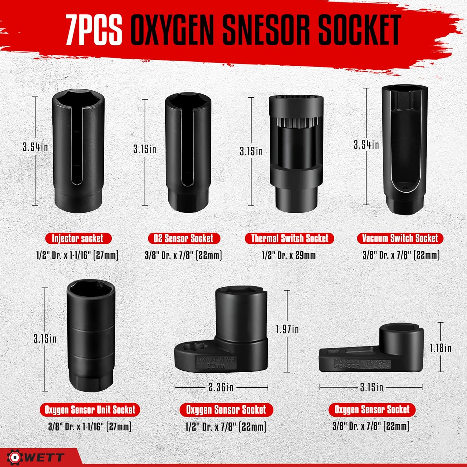 WETT Oxygen Sensor Socket Set, 7-Piece Oil Pressure Sensor Removal Tool, 3/8" 1/2" Drive, 22mm (7/8"), 27mm 29mm, 6 Point & 12 Point, Automotive O2 Sensor Wrench Removal Sockets