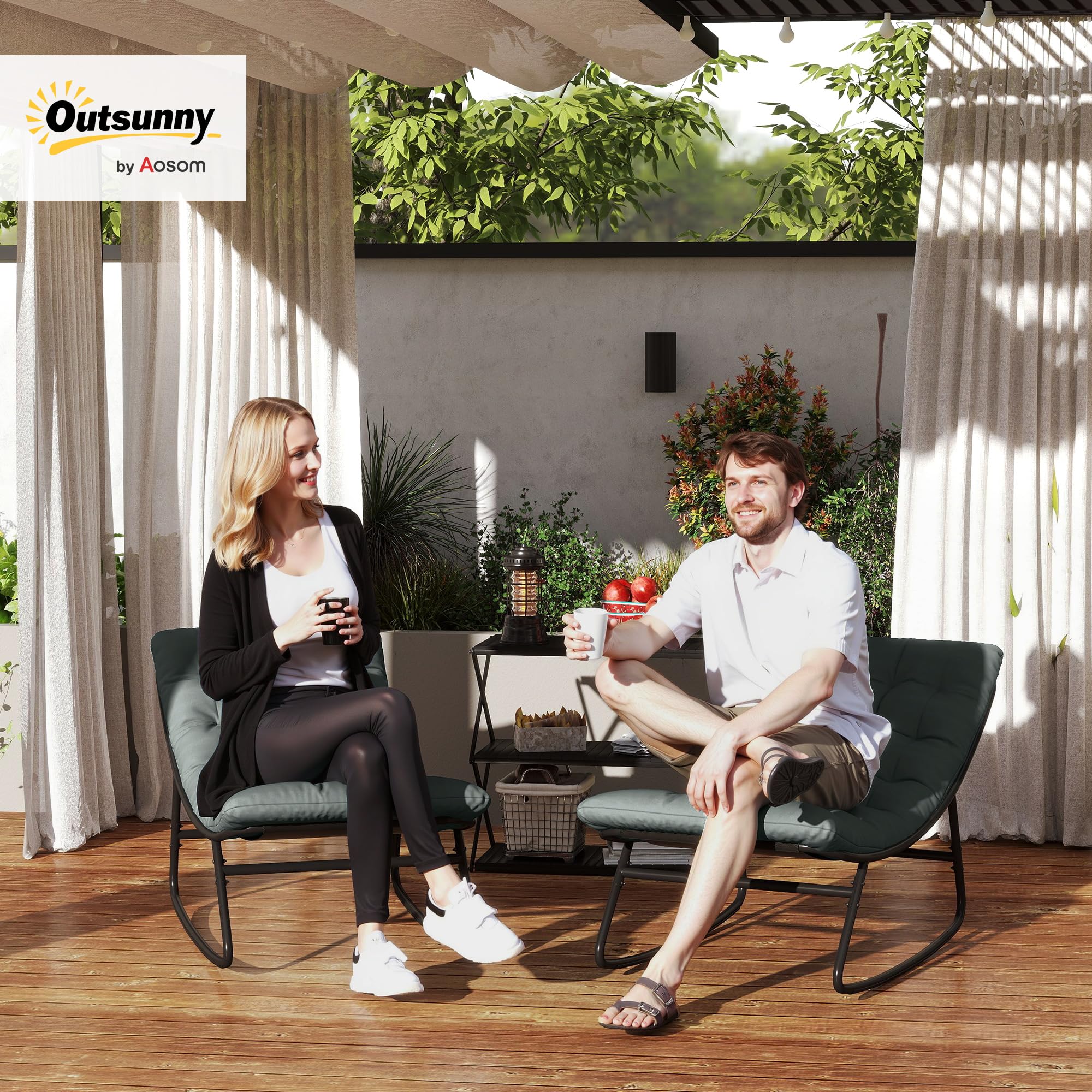 Outsunny Lot de 2 fauteuils à Bascule extérieur, chaises à Bascule avec Coussins épais, siège Tissu textilène Respirant et Cadre en Acier, Rocking Chair extérieur, Jardin, terrasse, Patio, Gris foncé