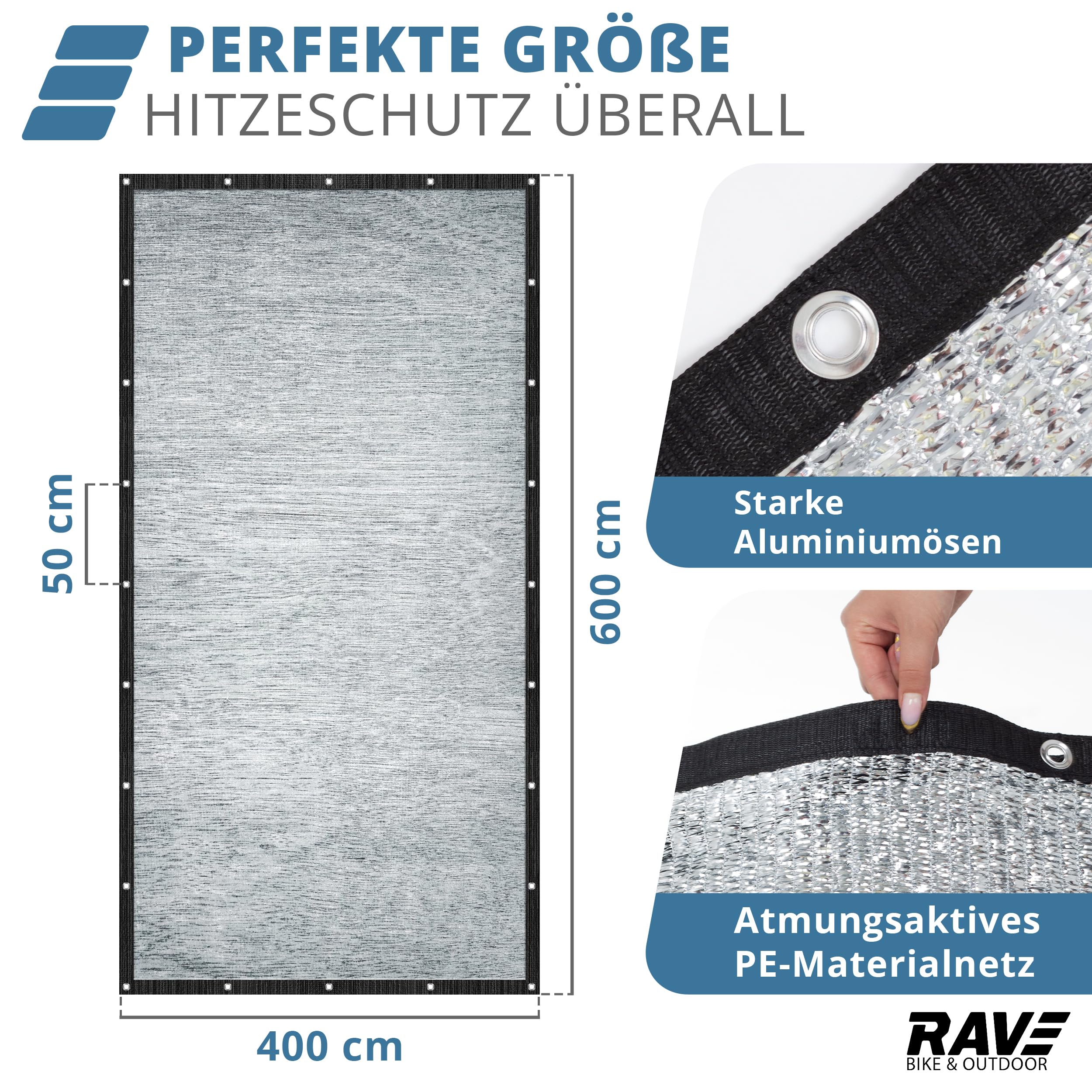 RAVE Aluminium-Schattennetz 6×4 m – Sonnenschutznetz für Auto & Hund – reflektierend, atmungsaktiv – Camping & Outdoor