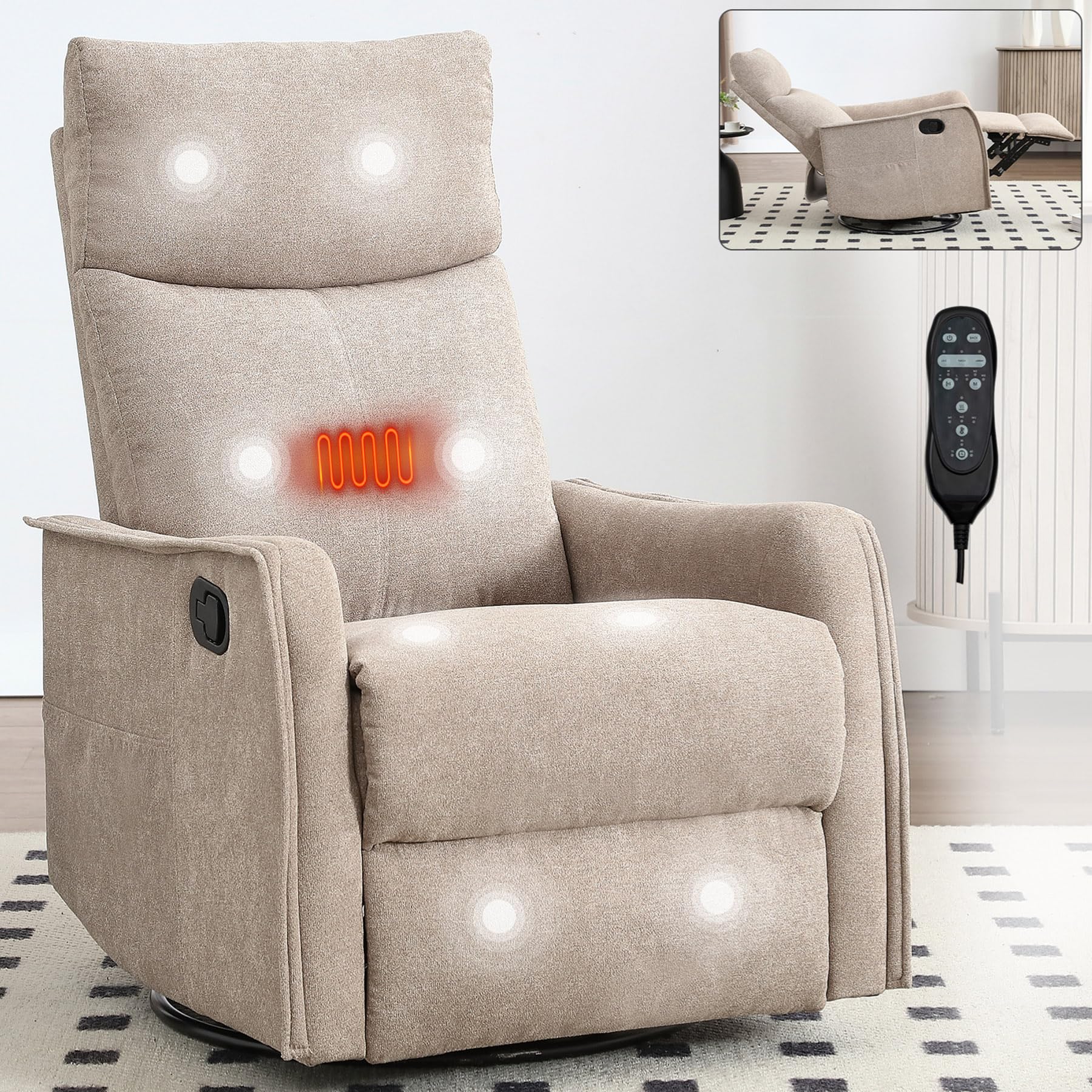 Massage Chair Recliner with Heat, Swivel Rocking Chair Recliner with High Back, Manual Lazy Boy Recliners for Adults,Small Recliner Chair for Small