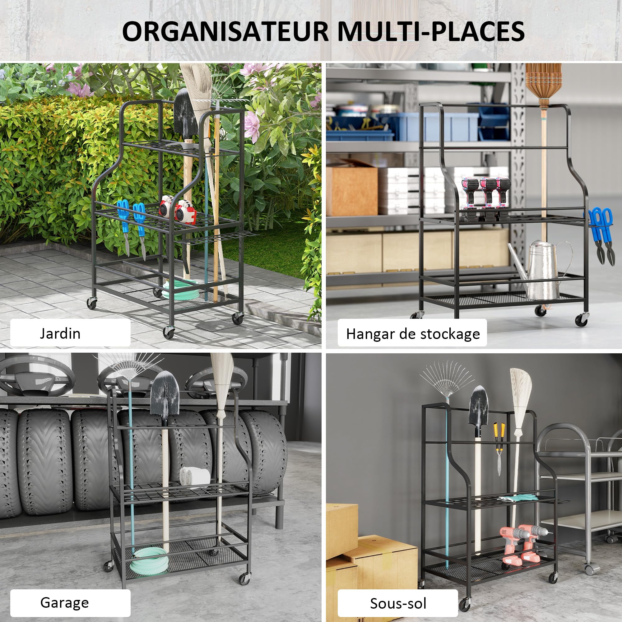 Outsunny Organiseur d'outils de Jardin, Support à Outils de Jardin 54 emplacements avec 5 Crochets, Porte-Outils de Garage en Acier sur roulettes, 3 Niveaux pour Outils, râteaux, Noir