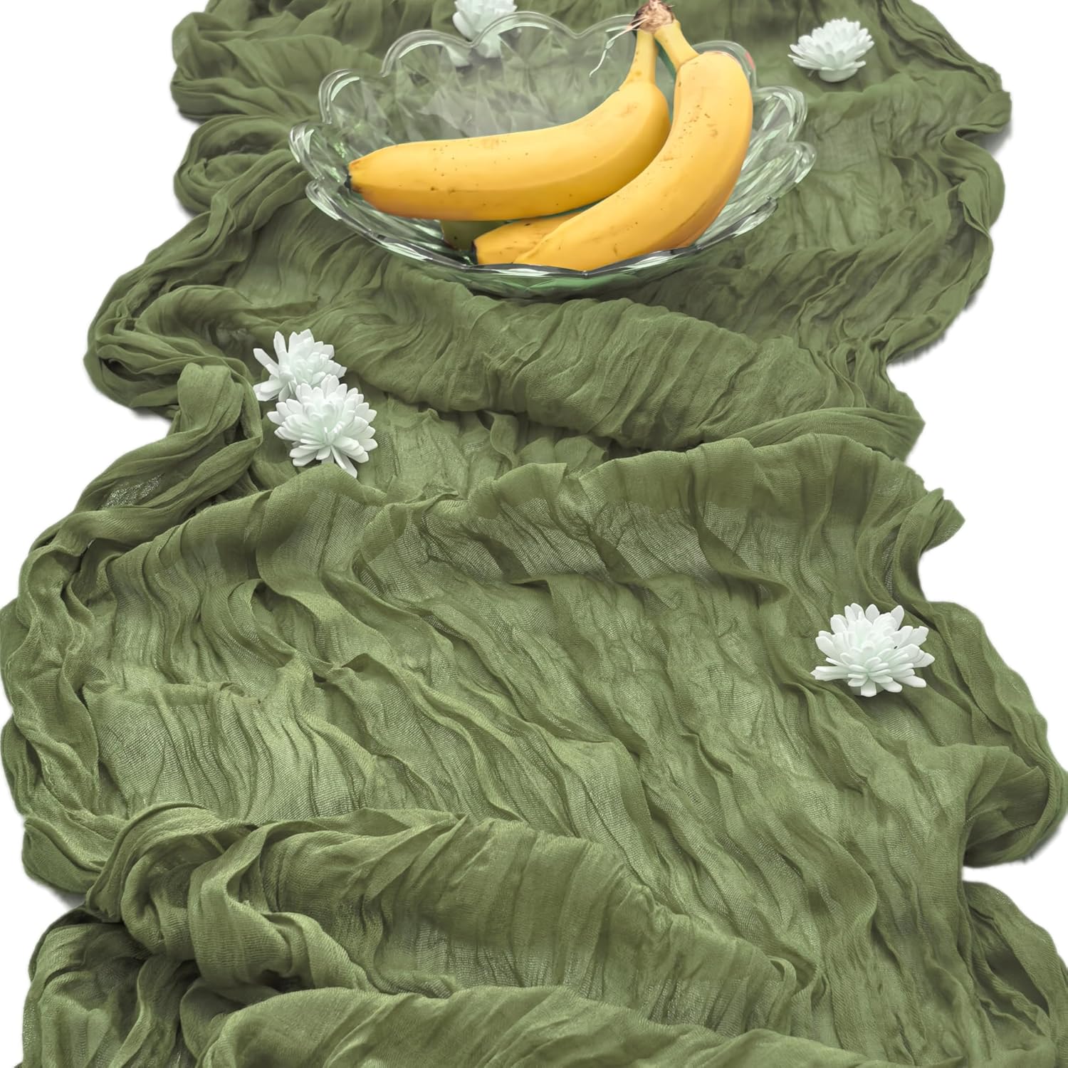 Cheesecloth Table Runner Summer Boho Rustic Farmhouse Gauze 120 inch 10FT Cheese Cloth Runner for Wedding Party Baby Shower Birthday Home Decor Holiday Decorations (Bean Green, 10 Pcs-10 FT)