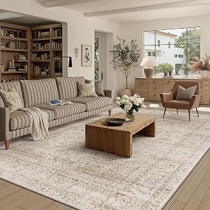 8x10 Washable Area Rug for Living Room Bedroom Beige Vintage Carpet Low Pile Soft Thin Tapis Salon Distressed Oriental Non-Slip Vacuumable Lightweight Large Throw Rug for Dining Room Kitchen