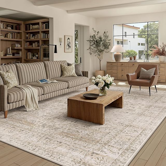 8x10 Zone lavable Rug pour salon Chambre Beige Vintage Tapis Low Pile Soft Thin Tapis Salon Détresse Oriental Non-dérapable Aspirateur Grand Rug de lancer pour salle à manger Cuisine