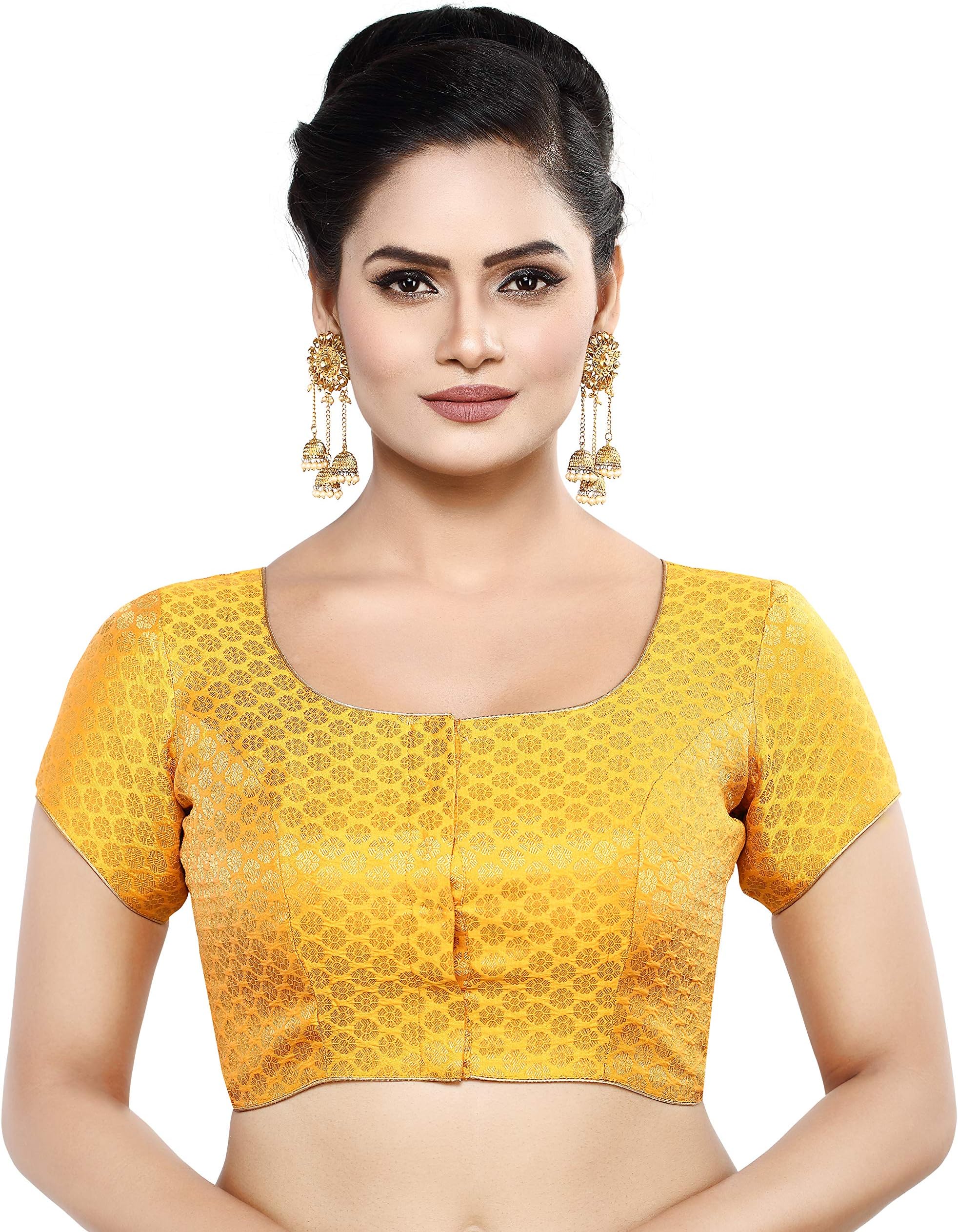 Madhu Fashion Women's Short Sleeves Banaras Brocade Readymade Saree Blouse