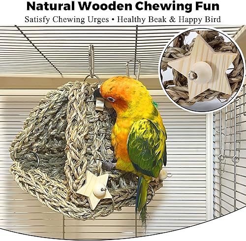 Seagrass Handwoven Bird Bed for Cage, DIY Parakeet Nest & Climbing Ladder, Breathable Bird Hammock Tent with Chewable Toys, Cozy Parrot Sleeping Hut for Small Medium Birds Like budgies Lovebirds