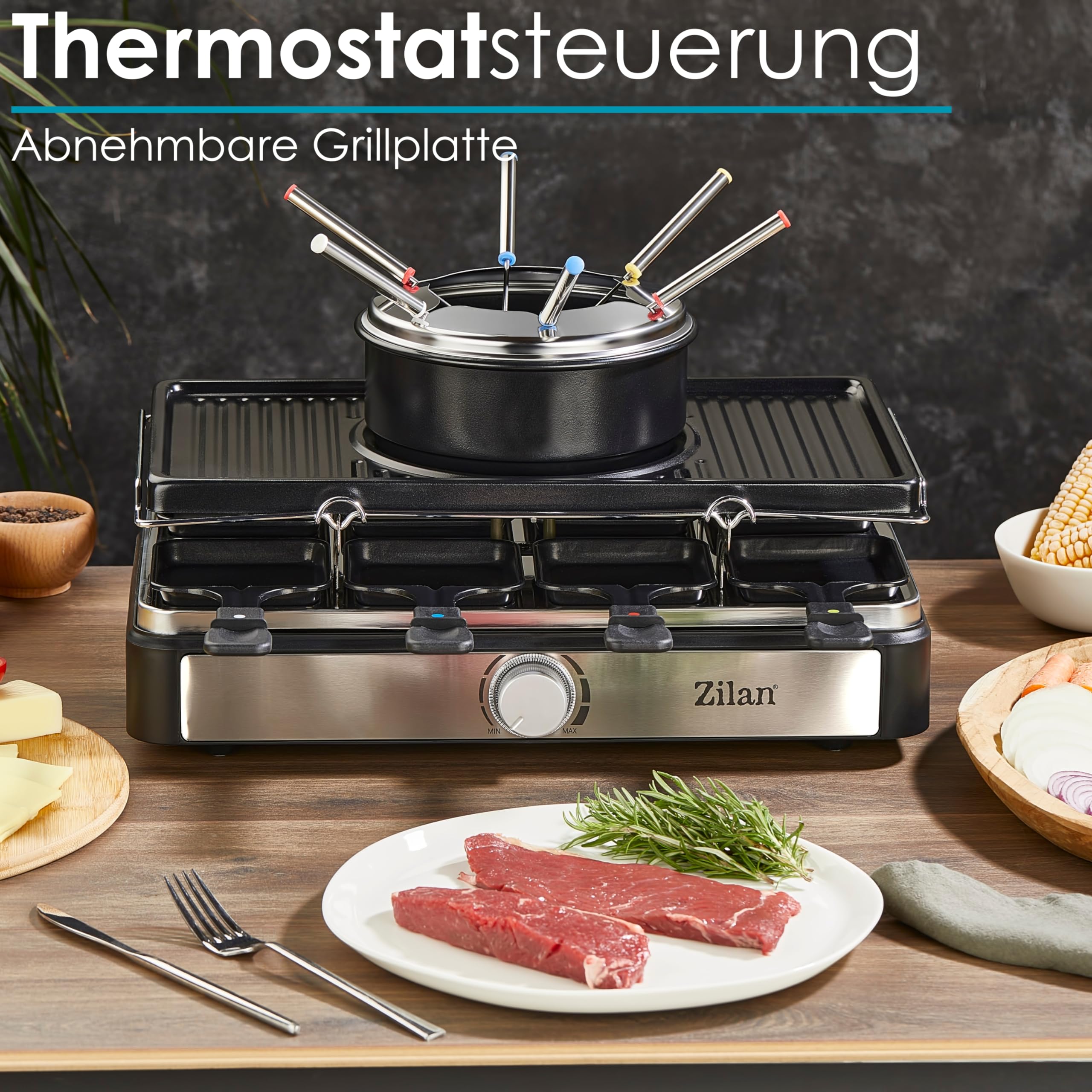 Raclette z Zestawem Do Fondue Elektryczny Grill Stołowy dla 8 Osób z Płytą z Kamienia Naturalnego