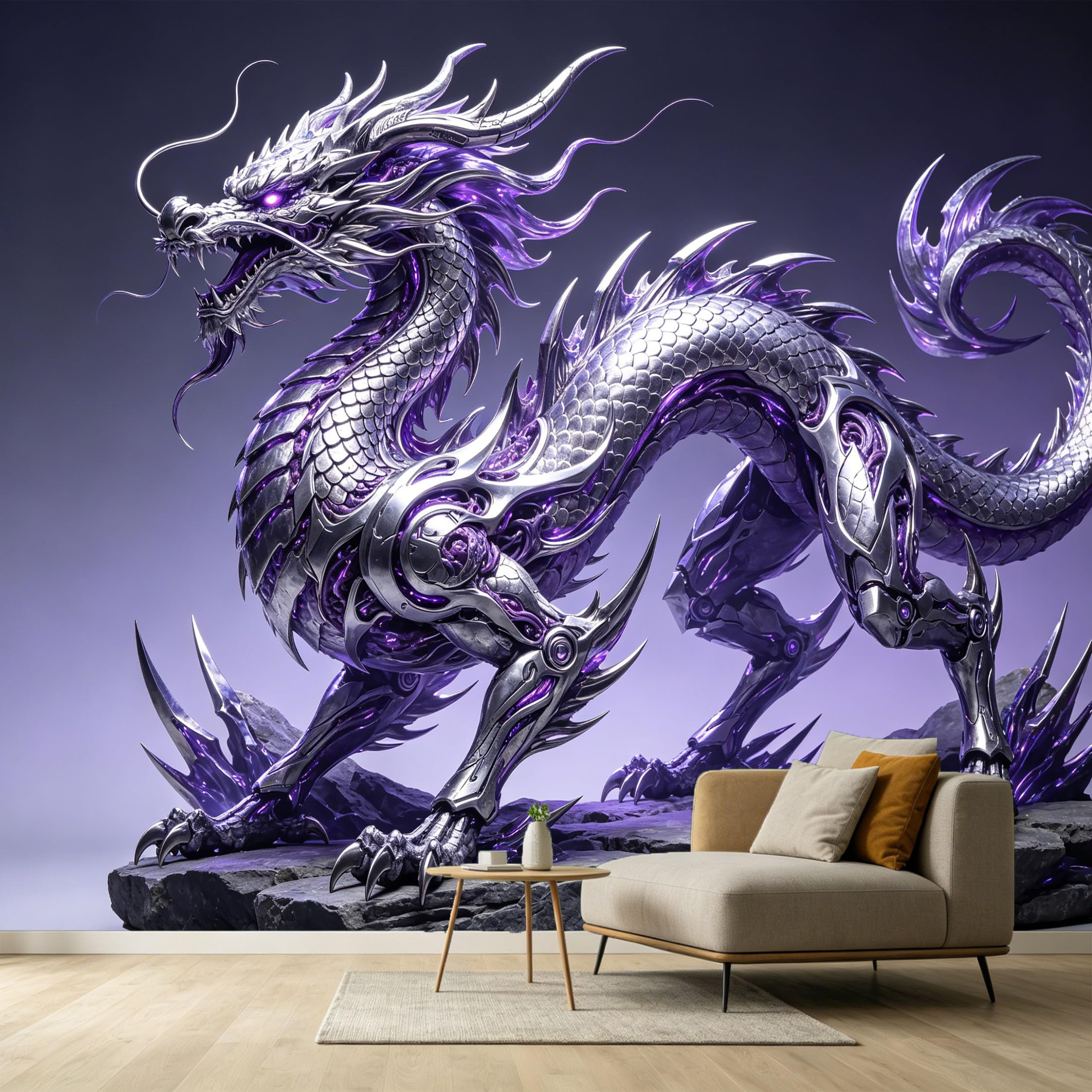 Custom Size Wall Murals Abstract Modern Metallic Purple Dragon Mythical Creature SelfAdhesive Wall Fabric Removable Large Wallpaper for Photo Living Room