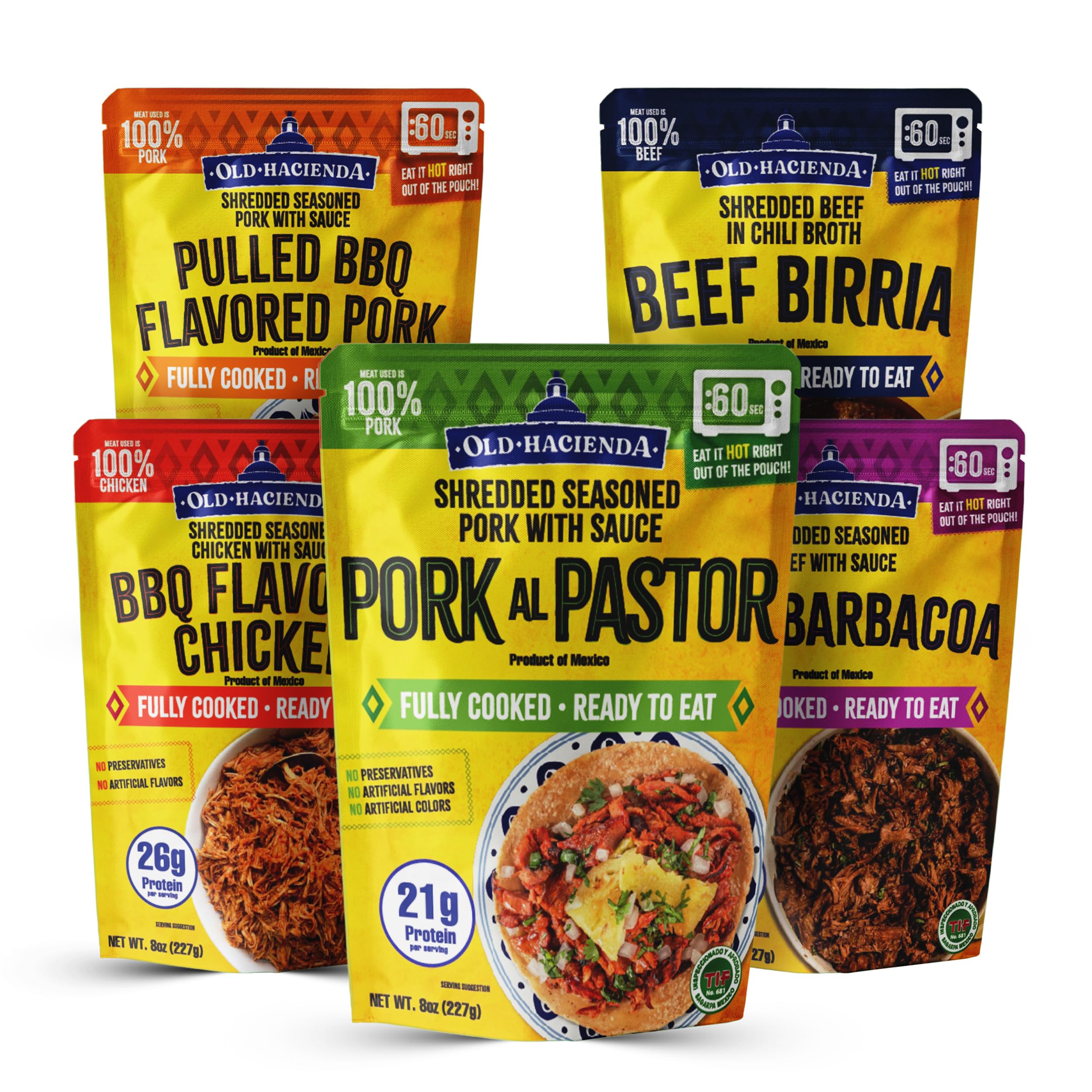 Old Hacienda 5-Pack Variety | Beef Barbacoa, Beef Birria, Pork al Pastor, BBQ Flavored Chicken & Pulled BBQ Pork | Fully Cooked & Ready to Eat | No