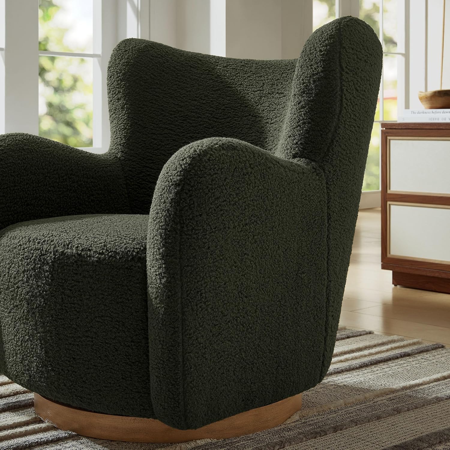 Modway Montrose Swivel Wingback Accent Chair in Fern Walnut Sherpa Teddy Fabric – Modern Furry Barrel Chair with 360-Degree Swivel Base – Soft and Comfy Living Room Chair