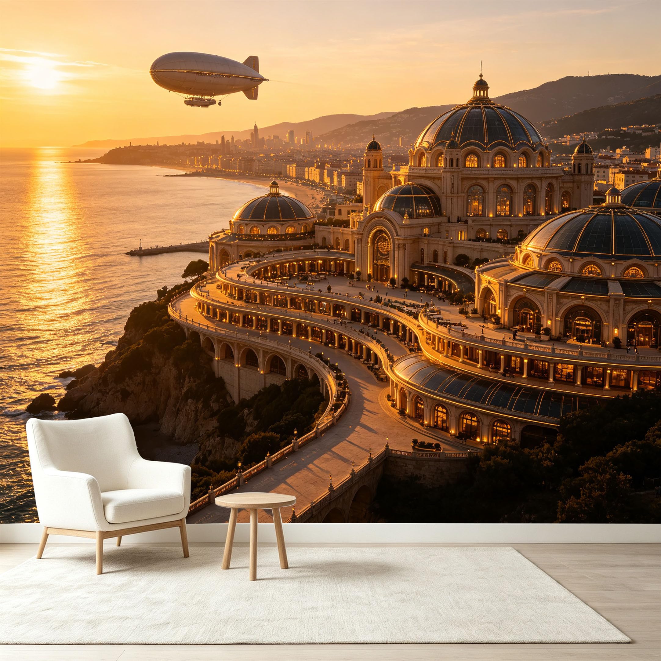 Custom Size Wall Murals Neoclassical Palace Ocean View Sunset Airship Coastal Scenery Self-Adhesive Wall Fabric Removable Wallpaper Wall Decor for Living Room Bedroom Bathroom