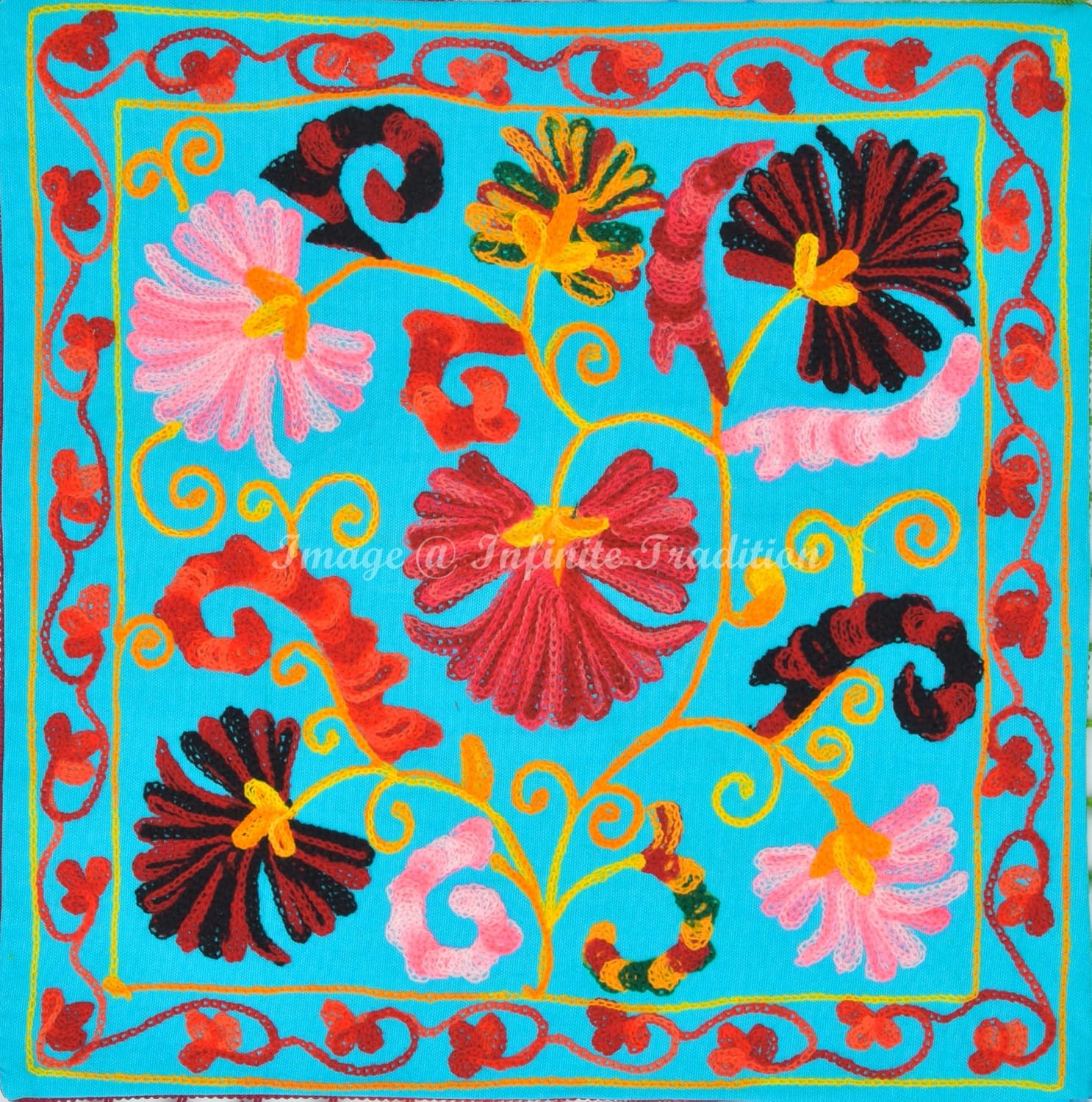 Ethnic Indian Chair Seat Throw Pillow Cover 16x16 Suzani Embroidered Turquoise 40x40 cm Pom Pom Lace Cotton Multi-Color Floral Cushion Covers Set of 2.