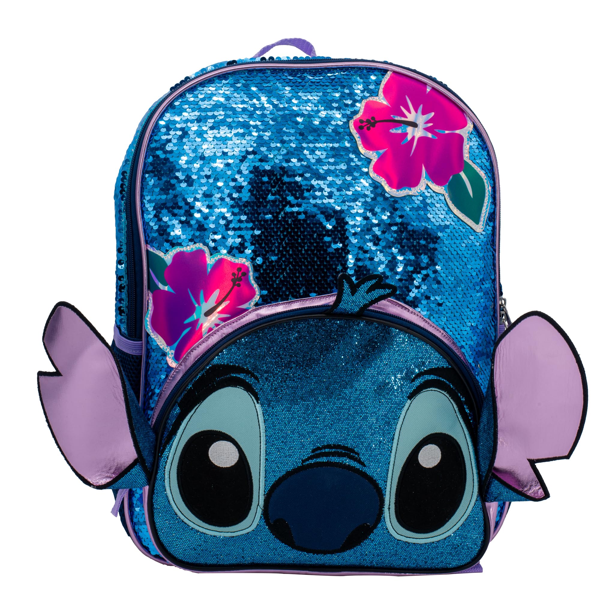AI ACCESSORY INNOVATIONS Stitch Cosplay Backpack, Girls Bookbag with Adjustable Shoulder Straps & Padded Back, 16” School Bag w/3D Stitch & Reversible