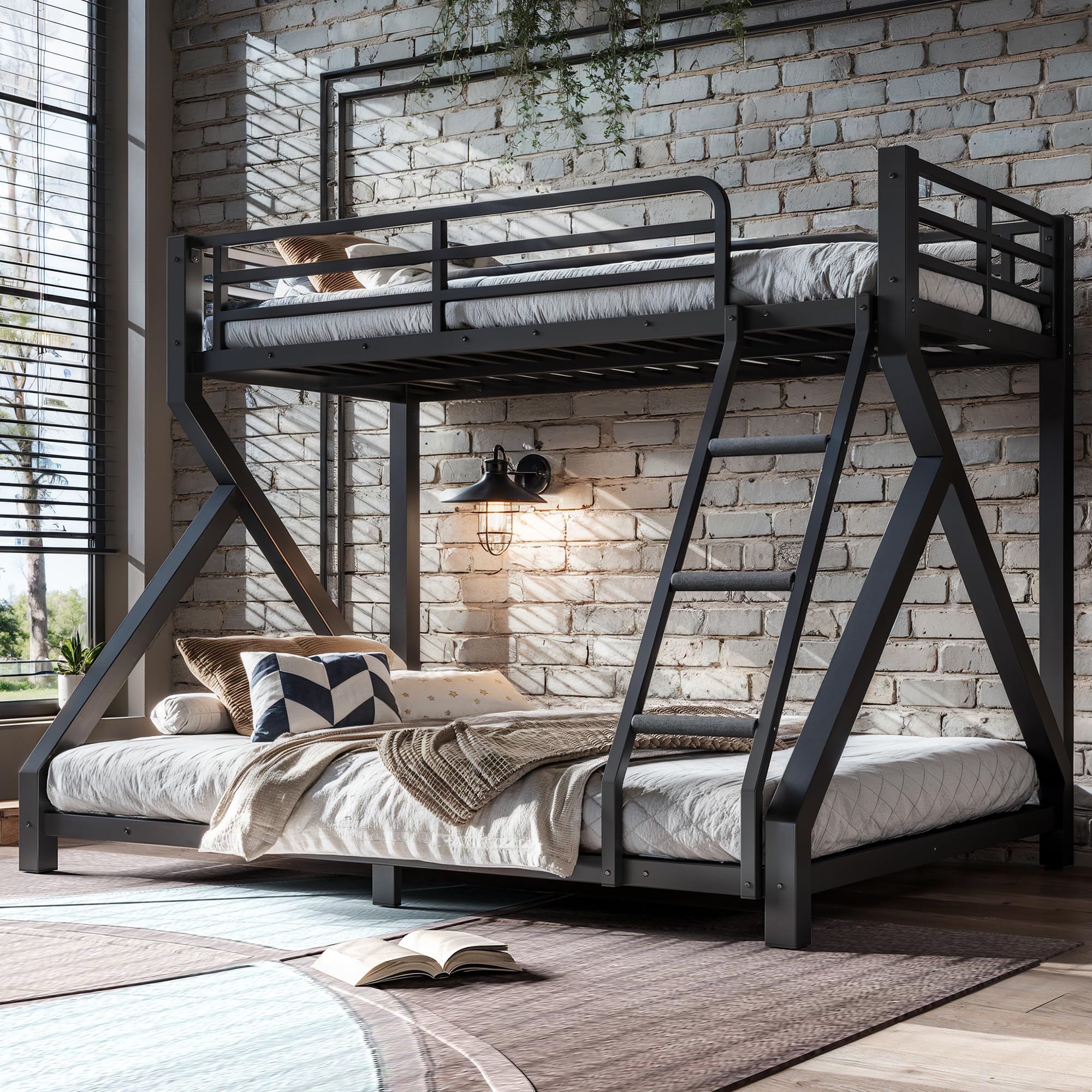 Bellemave Twin Over Full Bunk Bed Frame with Noise Reduced Design, Low Profile Bunk Bed with Ladder and Fence, Heavy Buty Bunk Beds for Adults, Teens