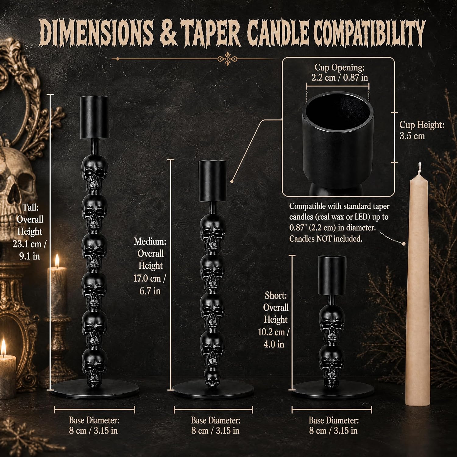 Skull Candle Holder, Gothic Taper Candlestick for Halloween, 3 Pack