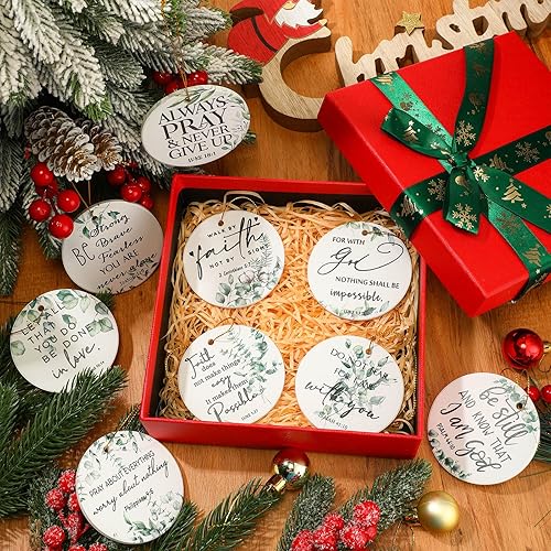 Vista 5 de Fumete 18 piezas de adornos de Navidad cristianos a granel de cerámica con versículo bíblico colgante, adorno religioso de doble cara, cita