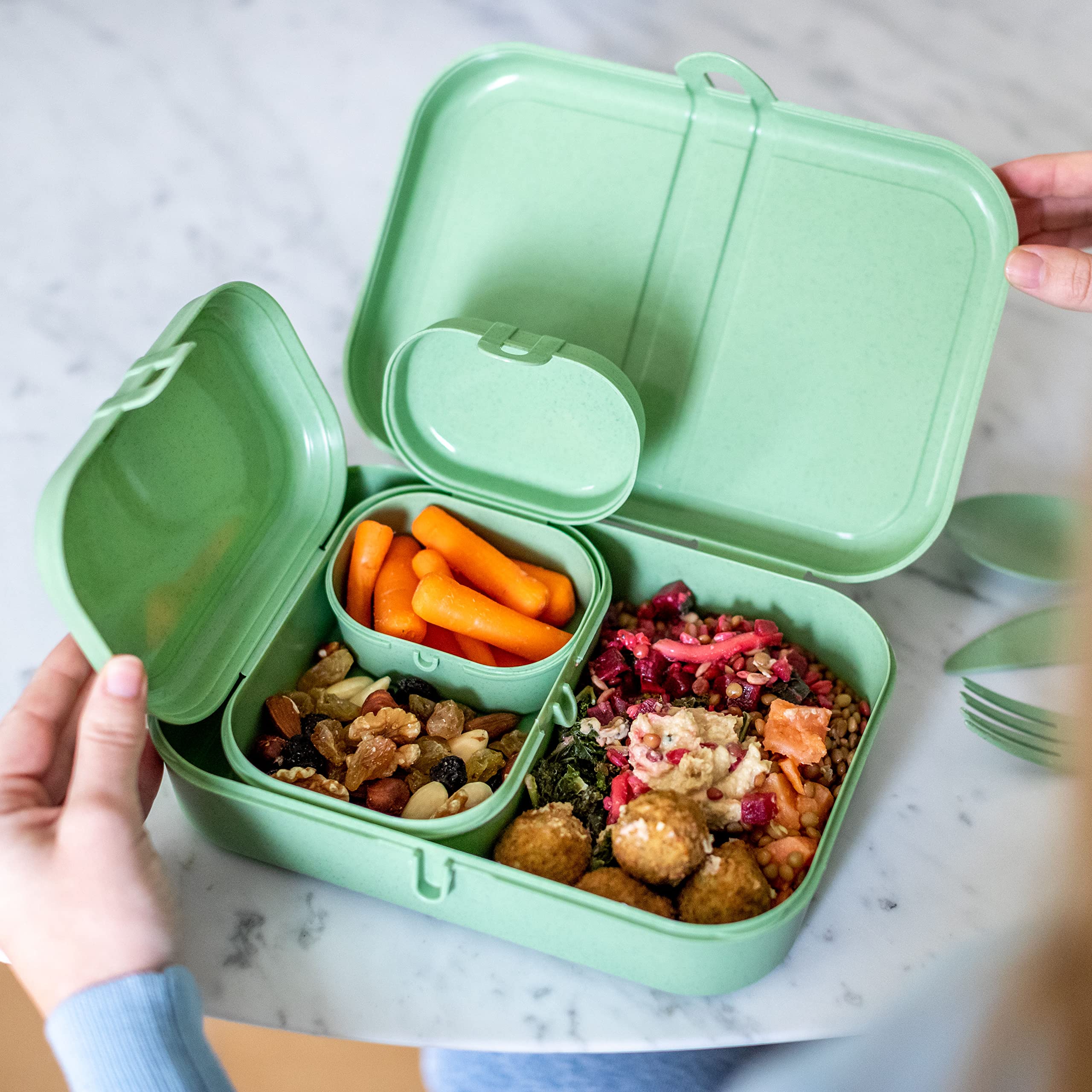 Koziol PASCAL READY Lunchbox-Set mit Besteck | 4 Teile | 3 Boxen + 3-teiliges Besteckset KLIKK | biozirkulärer Kunststoff, bruchfest, spülmaschinengeeignet | Büro, Schule, Reise (nature leaf green)