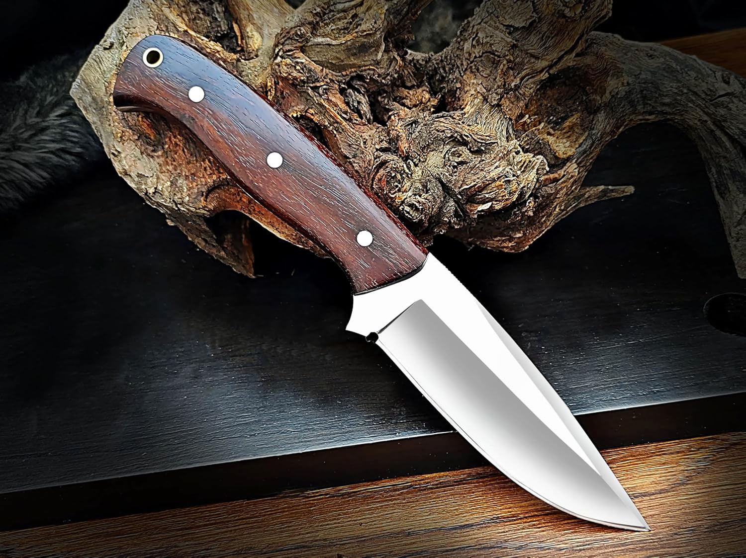 Handmade Hunting Knife with Wood Handle and Leather Sheath, Fixed Blade, EDC Bushcraft Tool for Hunting, Skinning, Camping, and Outdoor Use (10 inch, Damascus Steel)
