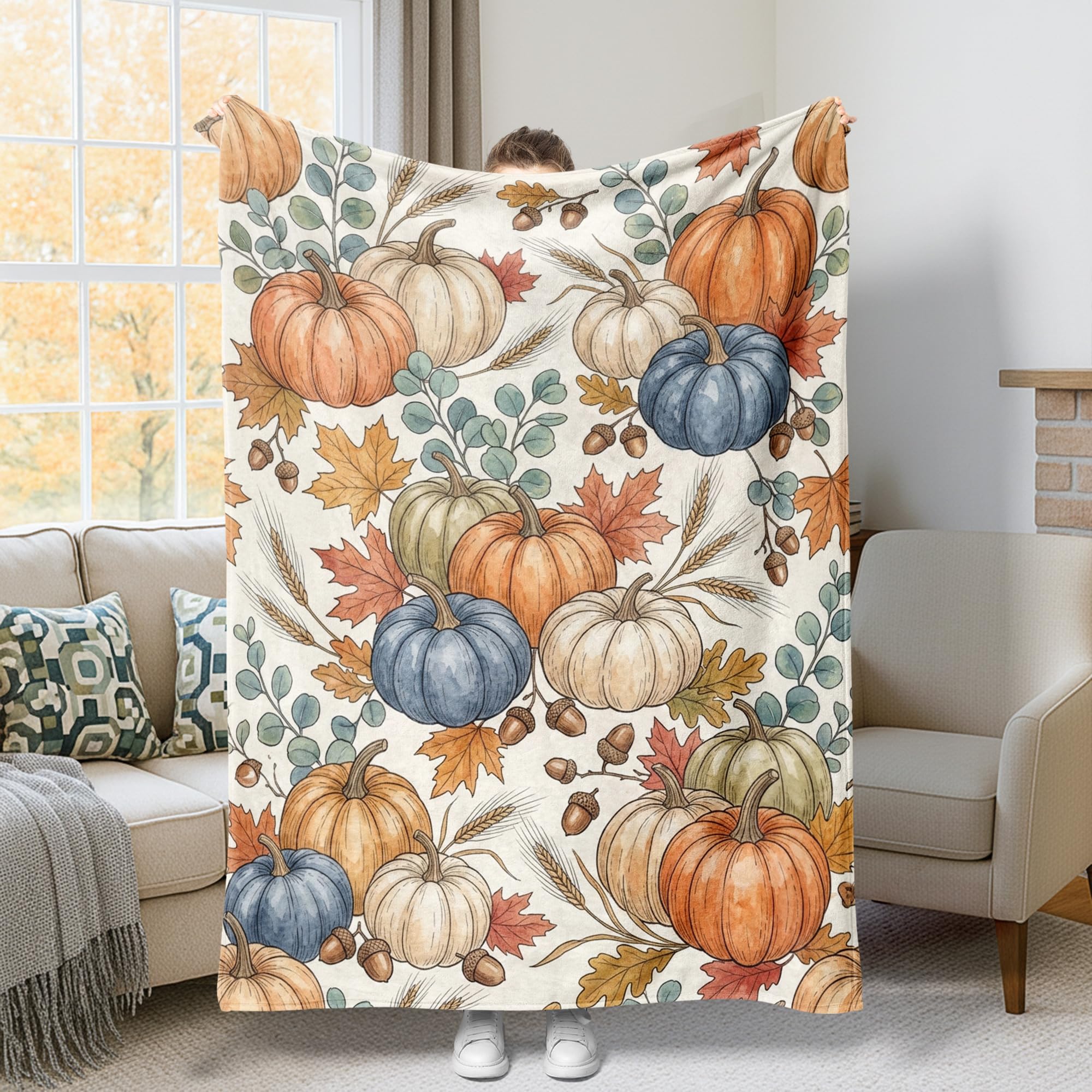 Jeté de lit citrouilles d'automne rustique couverture peluche plaid canapé 152x203 cm