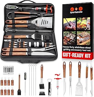 SpartaSake (24-Pack) Premium Stainless Steel BBQ Grilling Accessories with Wood Handles - Barbecue Gill Accessories Set for Blackstone Griddle - Outdoor Camping Grill Set for BBQ for Dad Men Women