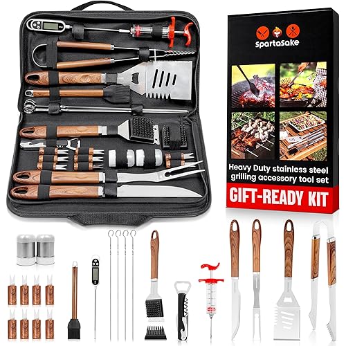 SpartaSake (24-Pack) Premium Stainless Steel BBQ Grilling Accessories with Wood Handles - Barbecue Gill Accessories Set for Blackstone Griddle - Outdoor Camping Grill Set for BBQ for Dad Men Women