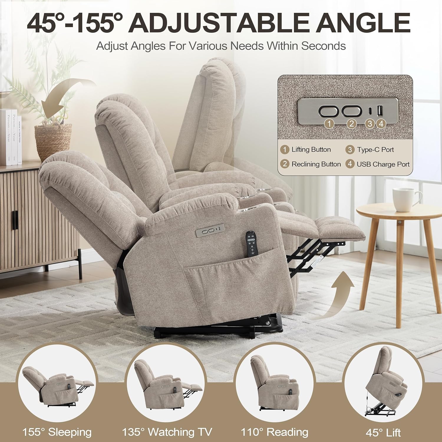Power Lift Recliner Chair for Elderly, Electric Lift Recliner with Vibration Massage and Lumbar Heating, Single Sofa Reclining Chair with Cup Holders Charging Ports, Polyester Fabric Khaki