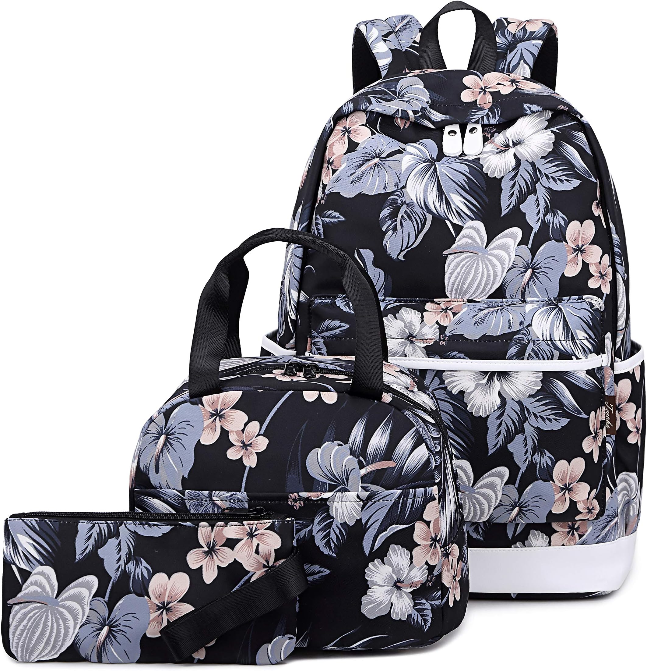 Joymoze Water Resistant Teen Girl Bookbag with Lunch Bag and Pencil Purse Black Flower