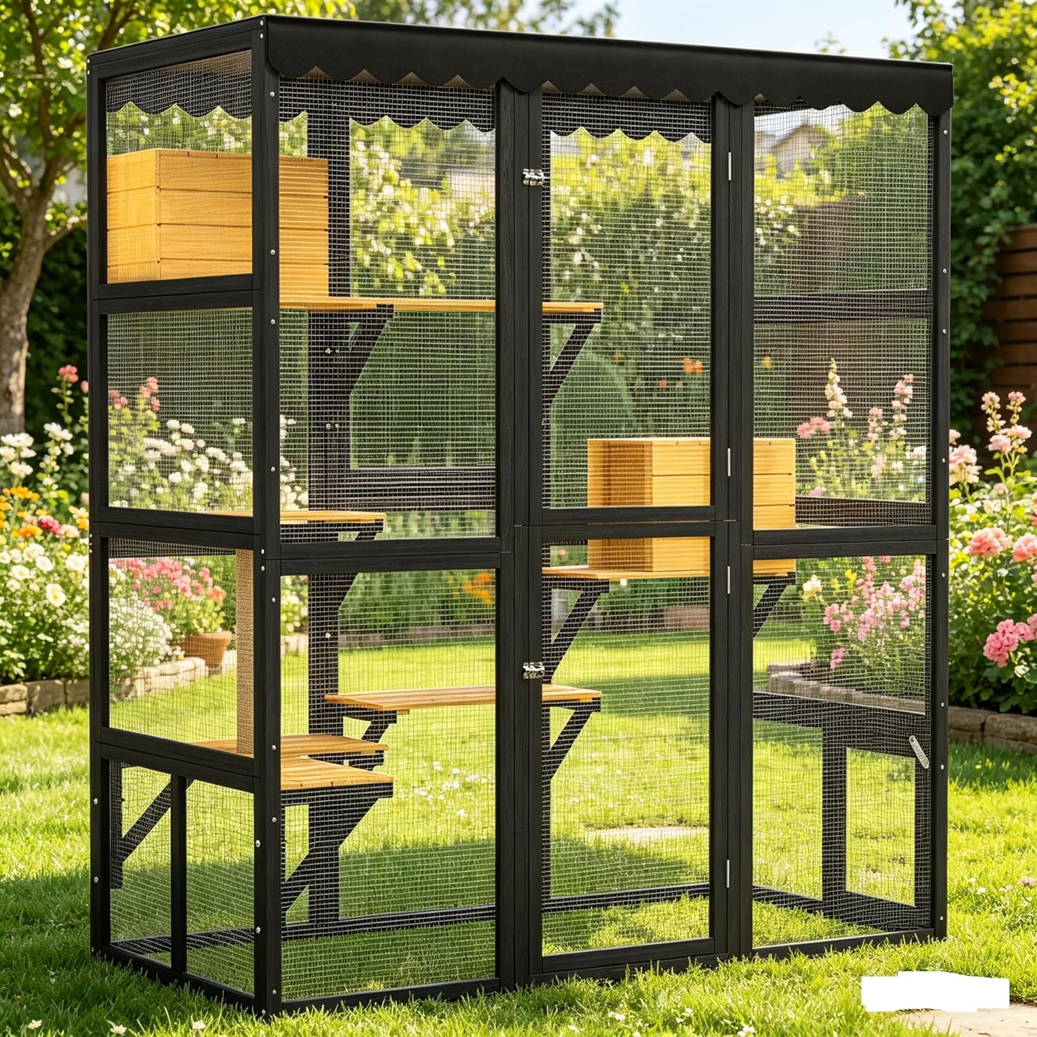 Large Outdoor Wooden Cat Catio Enclosure with Window Connection.Cat House – 2 Condos, 5 Platforms, 4 Doors, Weatherproof Roof & Strong Mesh for Multiple Cats (Walk-in Design)