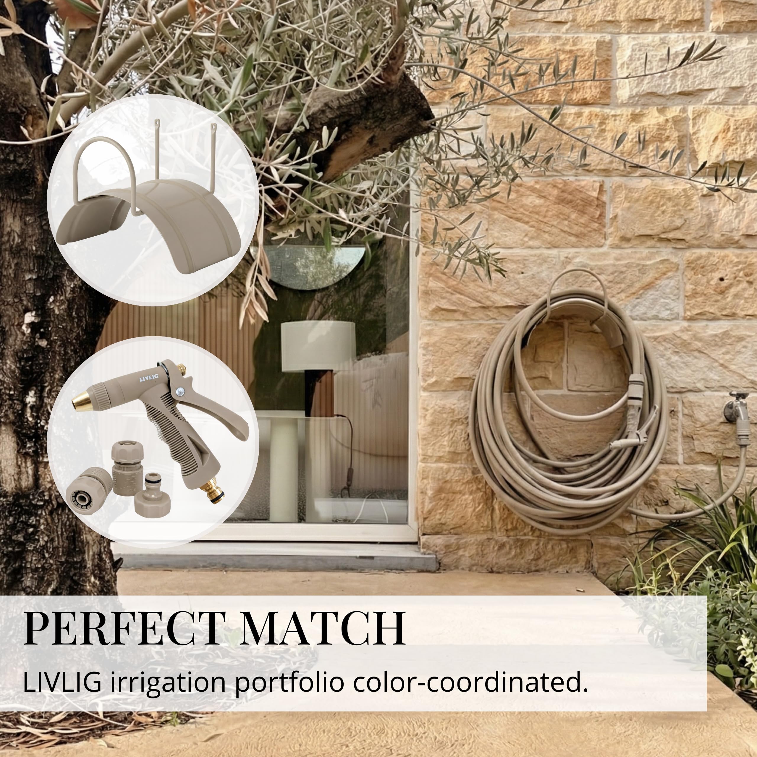LIVLIG Tubo da Giardino 10m Design – Tubo Irrigazione Flessibile, 60% Riciclato, Resistente UV, Anti-Torsione, 1/2 Pollice, Beige