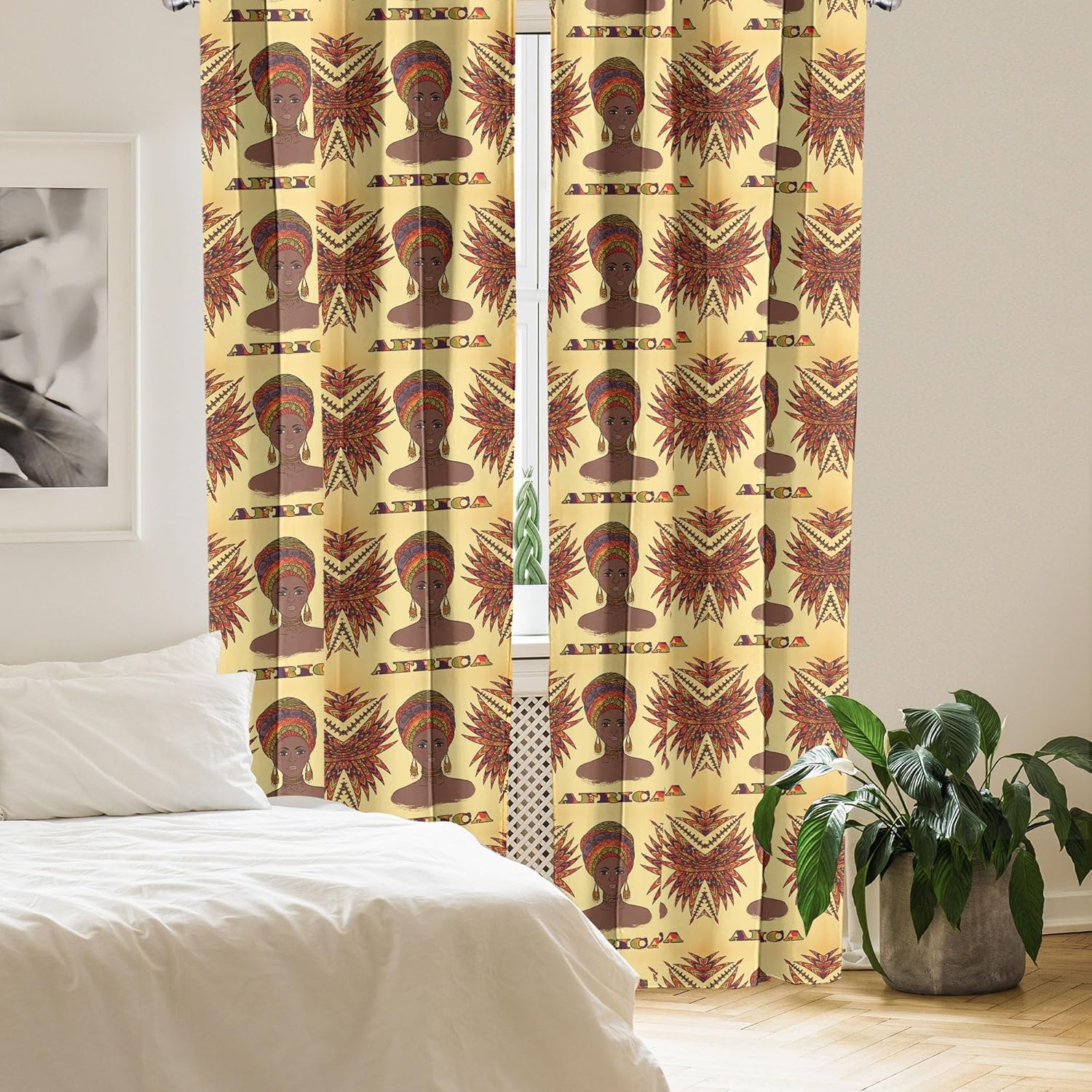 Ambesonne African Curtains, Woman in Traditional Turban and Palms Cultural Folk Graphic Art, Window Treatments 2 Panel Set for Living Room Bedroom, Pair of - 28" x 95", Orange Cream