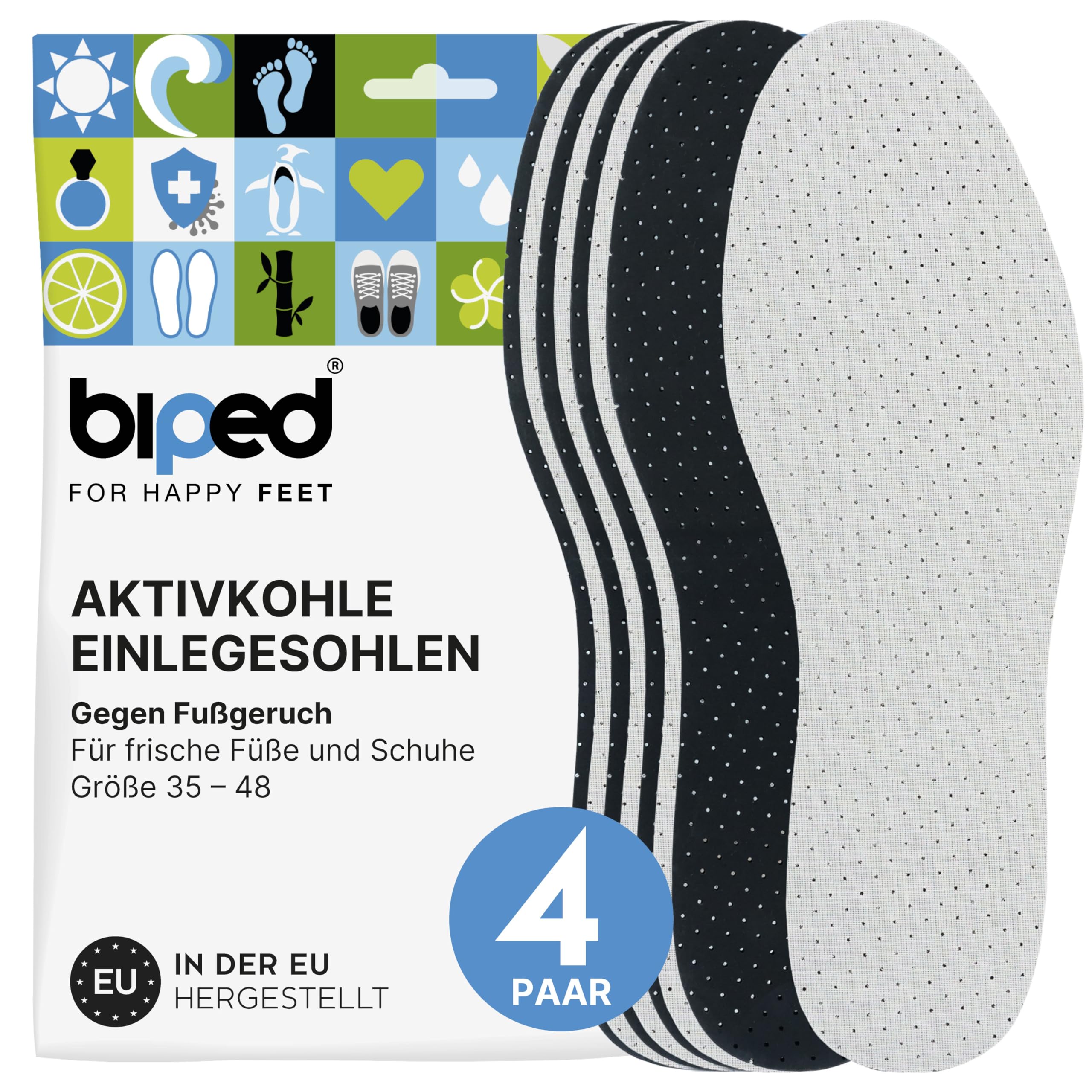 biped 4 Paar Aktivkohle Einlegesohlen Herren und Damen - Sohlen gegen Schweißfüße und Fuß Geruch - Weiche Latexschaum Schuheinlagen - Für hygienisch frische Schuhe und Füße z2727(48)