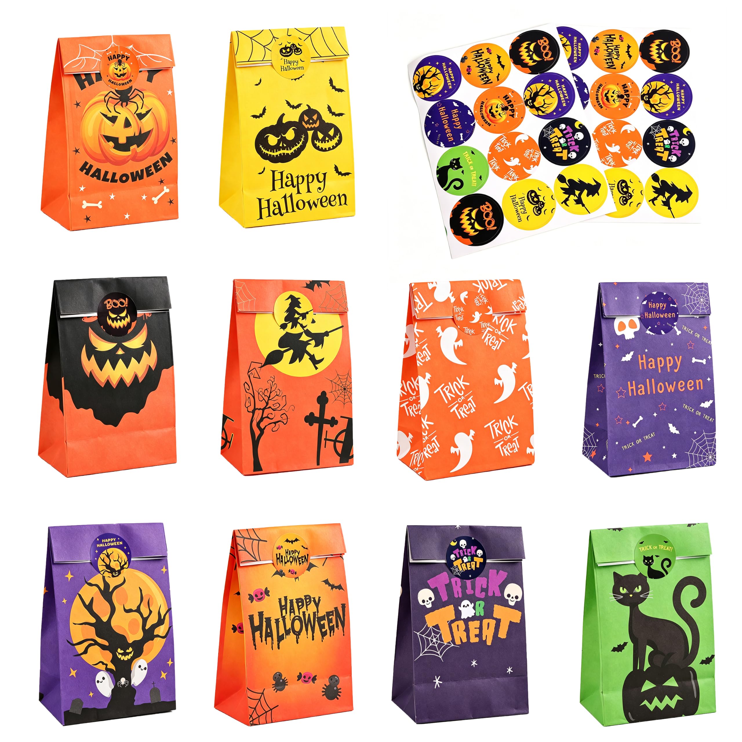 Halloween Paper Bags for Sweets – 40 Pack Halloween Treat Bags with Stickers, Trick or Treat Bags, Paper Halloween Party Bags for Kids Candy, Gift & Party Favors