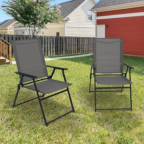 Miniatura 6 de Juego de 4 sillas plegables para patio, sillas de comedor portátiles al aire libre con respaldo y reposabrazos para césped, camping, patio, balcón,