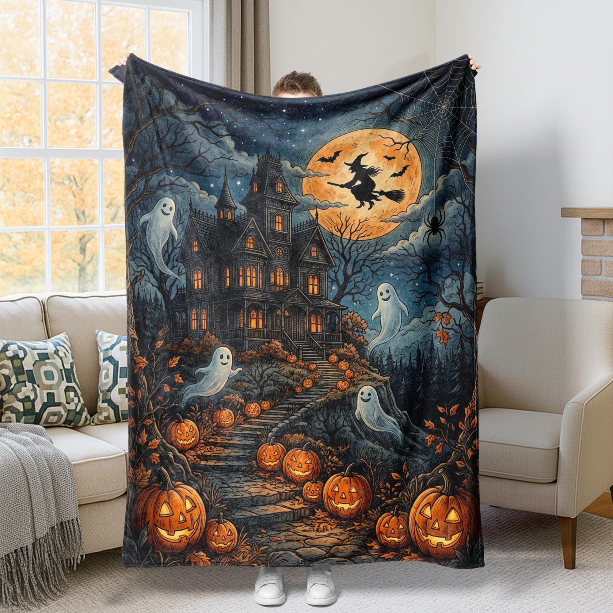 Couverture maison hantée Halloween en peluche orange pour canapé et lit de 152 x 203 cm