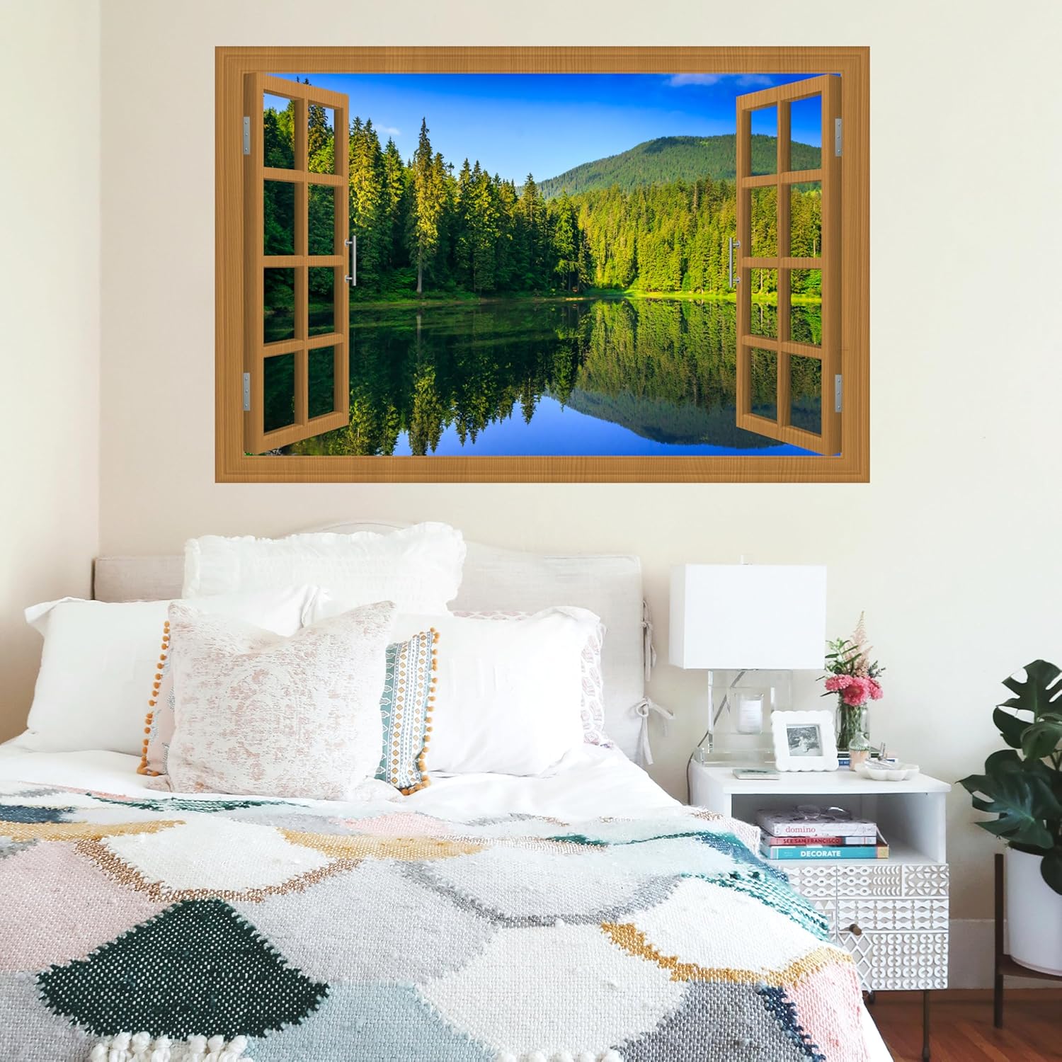 Fake Window for Walls Faux Window Decal Windows Poster Picture Open Window Wall Art Decor, Stick and Peel Wallpaper Nature Wall Decol Forest Lake Scene Mural, 48"x72"
