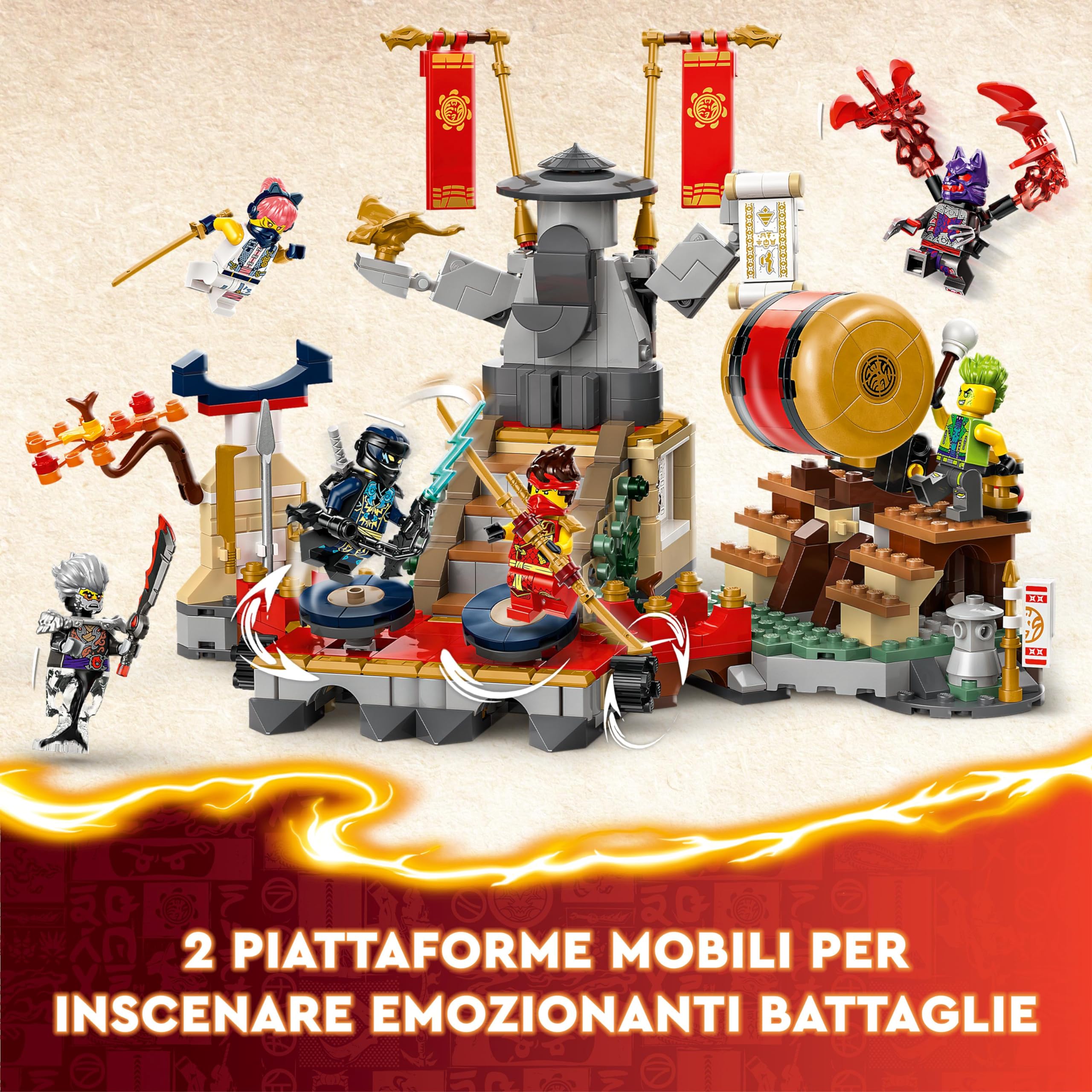 LEGO NINJAGO Torneo: Arena di Battaglia, Giochi d'Avventura per Bambini e Bambine da 7 Anni con 6 Minifigure di Eroi Giocattolo Ninja e Tempio con Funzioni da Costruire, Regalo di Compleanno 71818