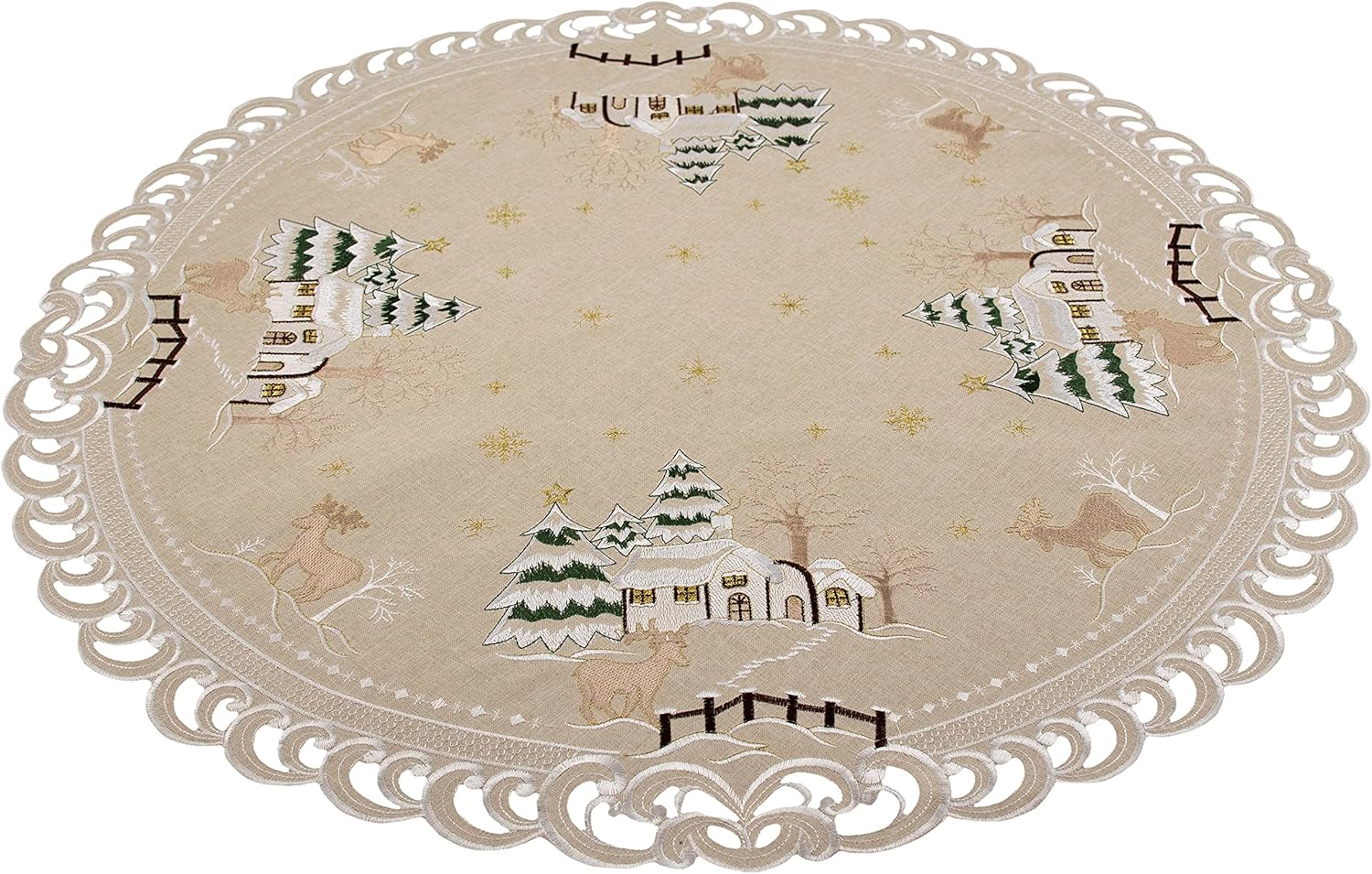 Embroidered Rustic Beige Christmas Winter Snow Scene Round Doily, Table Topper, Table Centerpiece (33 Inch Round)