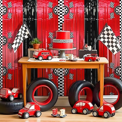 Vista 8 de 2 cortinas de fondo de aluminio con flecos de automóvil de carreras, decoración de fiesta de cumpleaños de coche de carreras, fondo de fotos negro