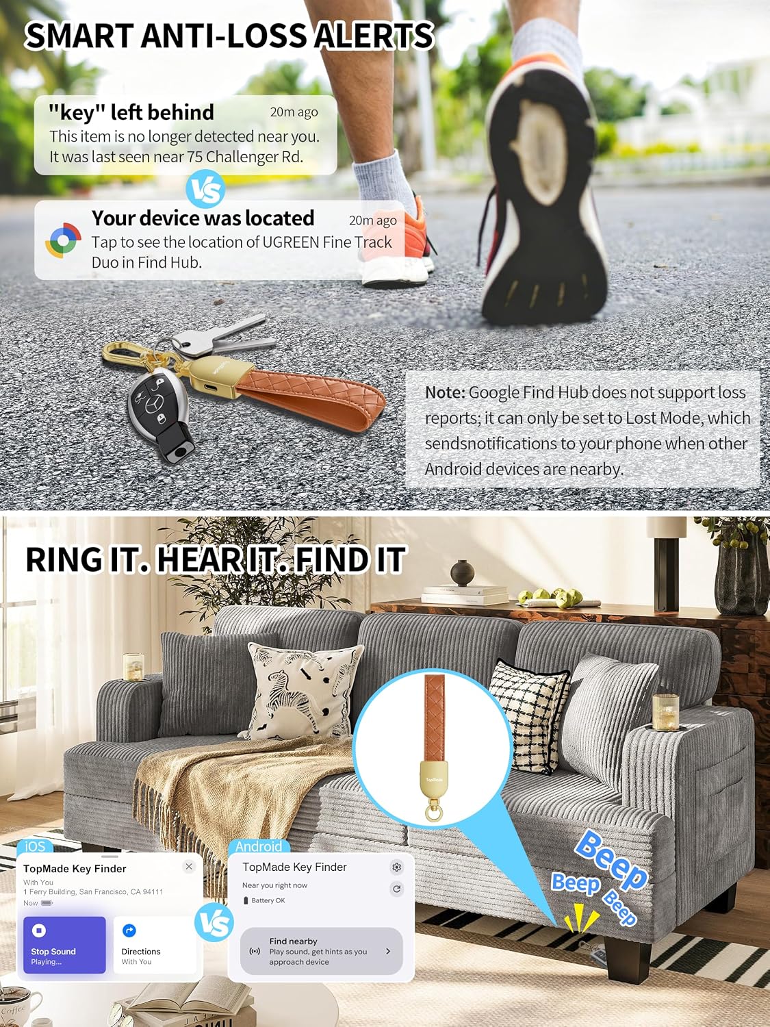 Smart Keychain Tracker (iOS & Android), Car Key Finder, Brown & Gold image 4