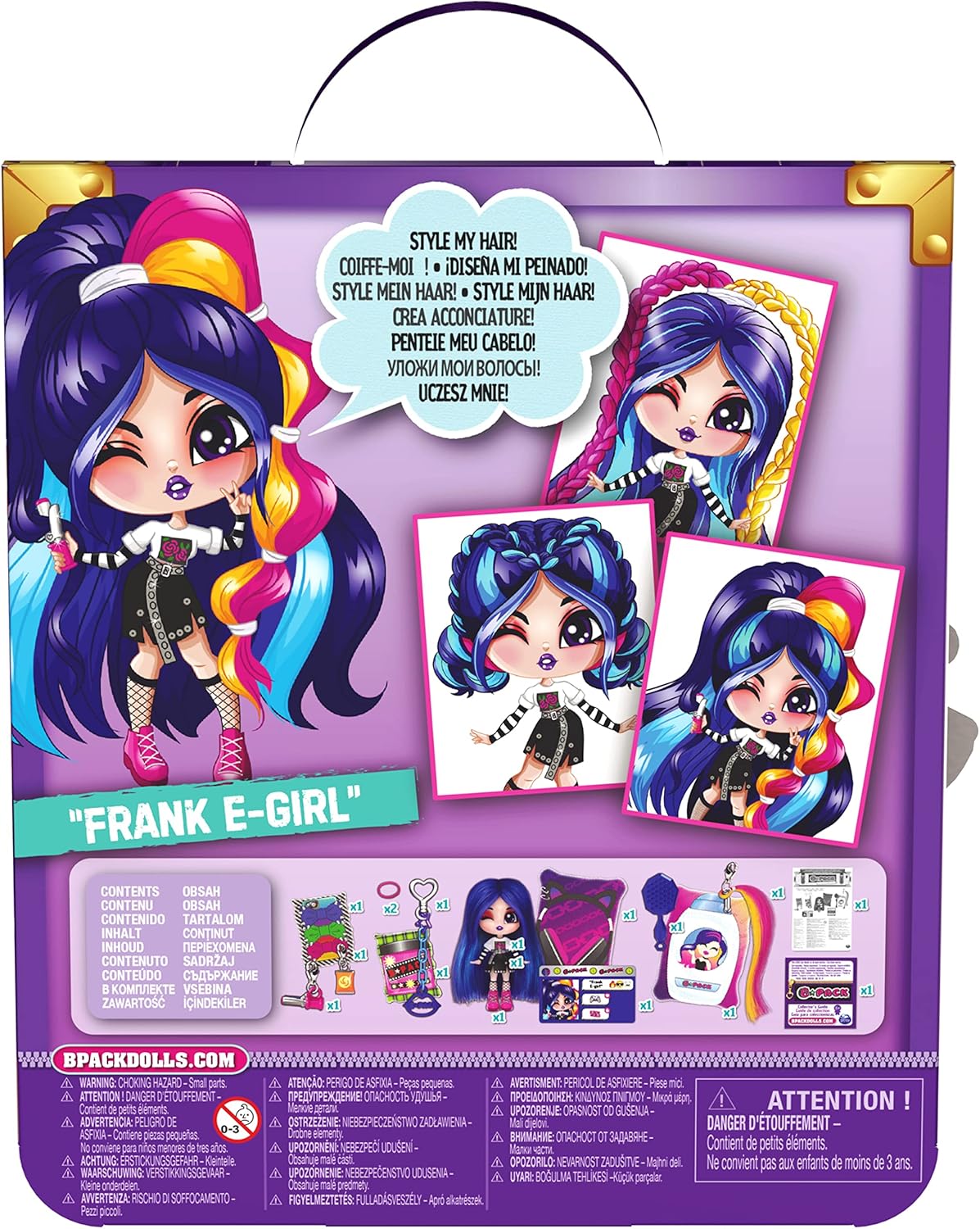 B Pack, Luscious Locks Frank E-Girl Collectible Doll with Removable Hair Extension and Doll Accessories, 3.5-inch, Kids Toys for Girls Ages 5 and up