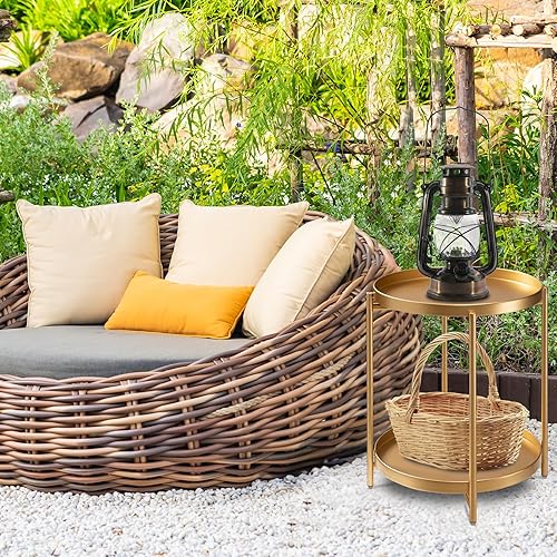 Miniatura 2 de danpinera Mesa auxiliar de 2 niveles, mesa auxiliar redonda de metal con bandeja extraíble, pequeña mesa de acento plegable, mesita de noche